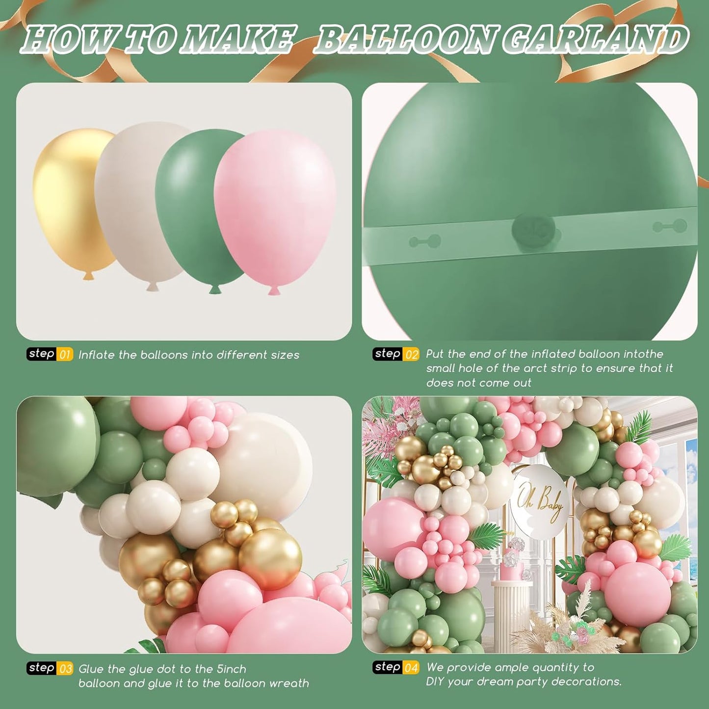412Pcs Pink and Green Balloon Garland Arch Kit -Different Sizes 18 12 10 5inch Sage Green and Pink White Sand Gold Different Size Balloons for Girl Birthday Jungle Safari Woodland Party Decorations