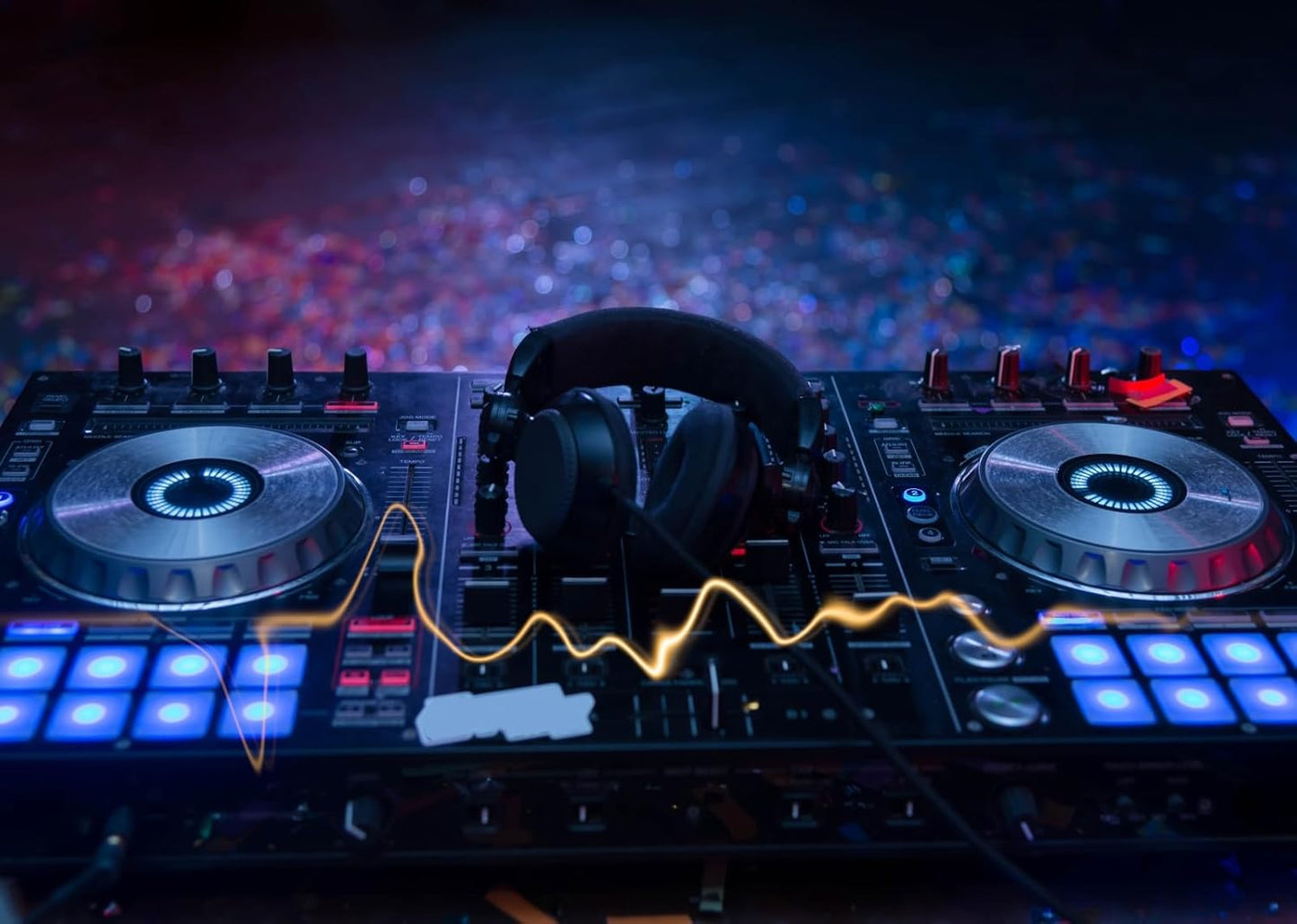 CORFOTO 5x3ft Fabric Dj Mixer with Headphones Backdrop Photography Dj Sound Equipment in Dark Background Musical Dance Disco Party Decorations Live Concert Stage Photoshoot Booth Studio Props