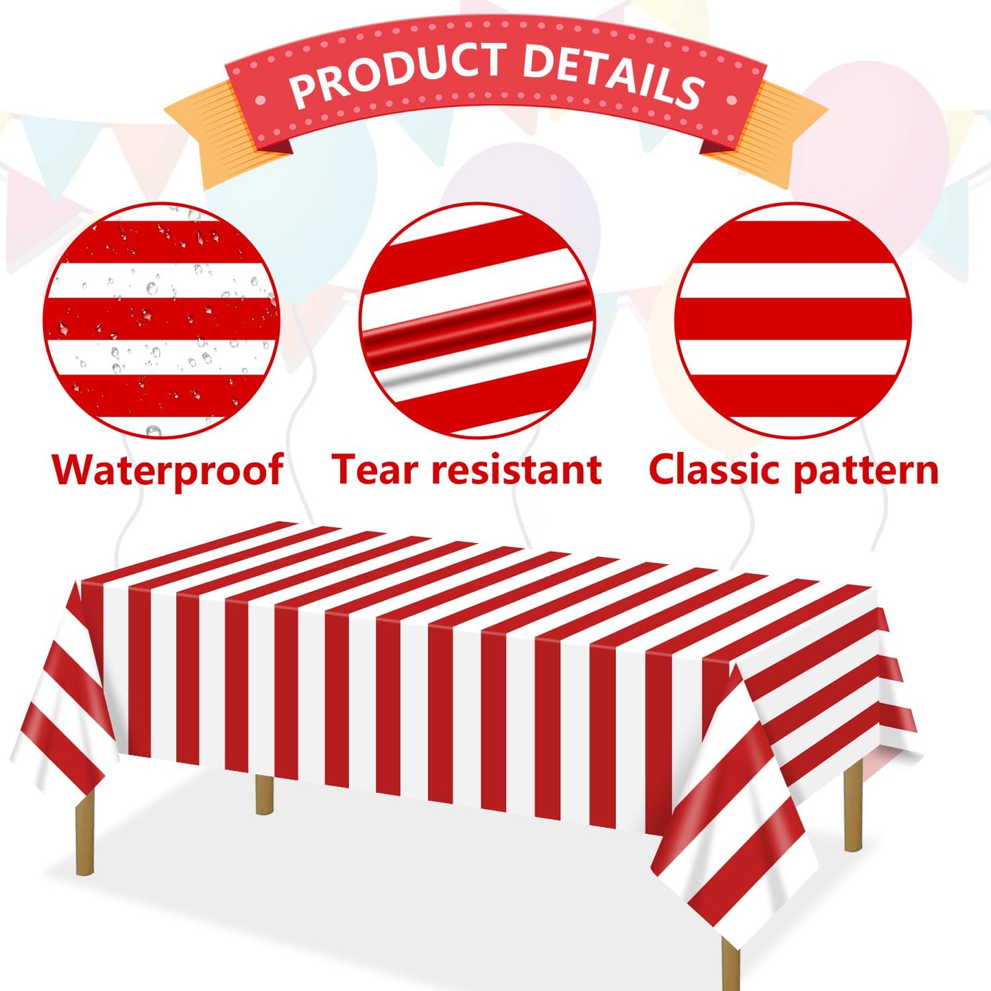 4 Pcs Carnival Tablecloths, Red and White Stripe Tablecloths, Red Plastic Table Cover, Circus Theme