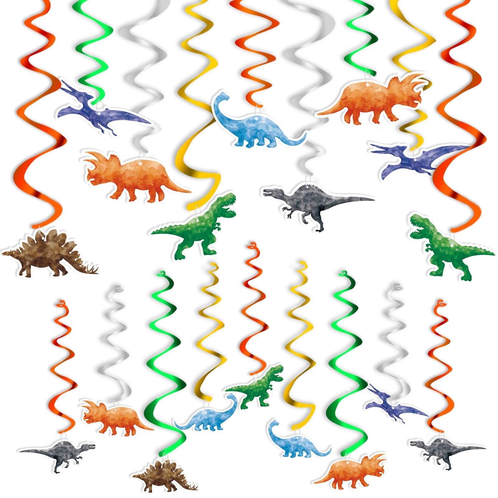 WERNNSAI 24 PCS Dinosaur Hanging Swirls Watercolor Dino Decoration