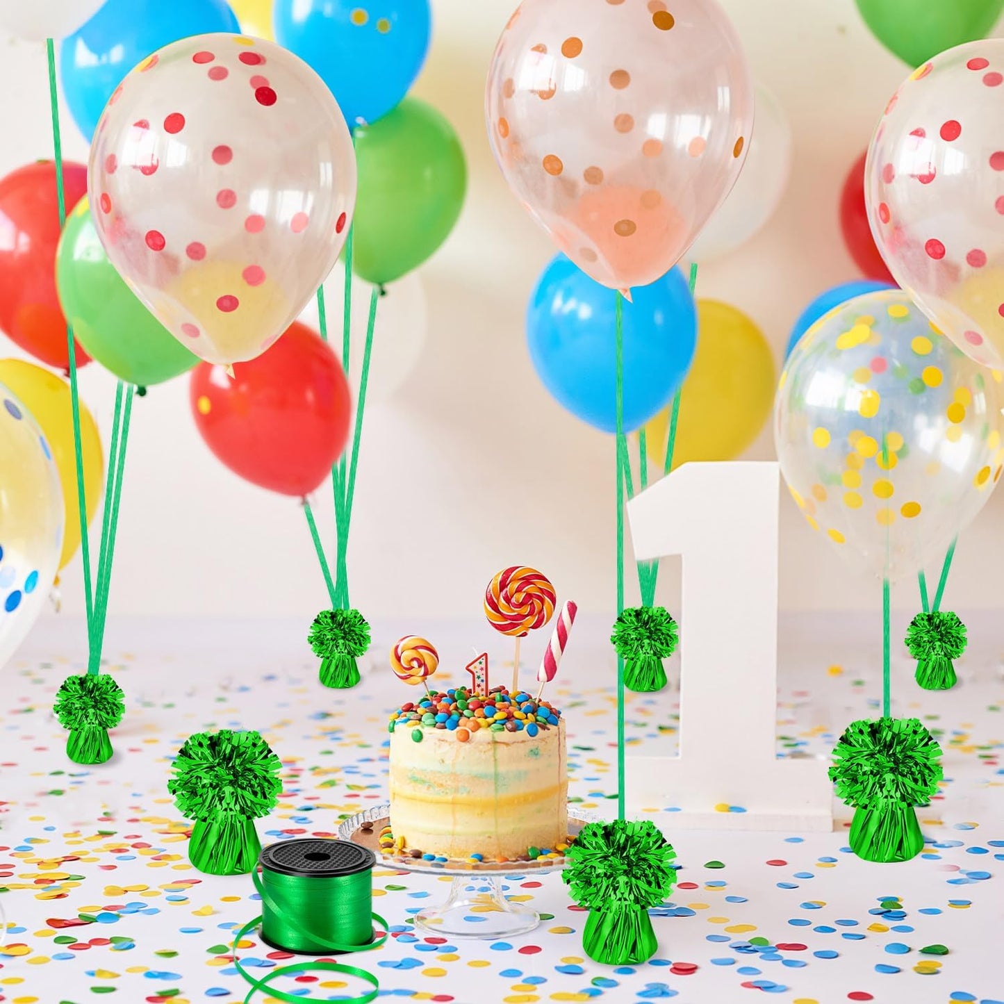 24 PCS Balloon Weights Metallic Anchor, Balloon Holder Heavy Weights with 1 Roll Green Crimped Ribbon for Balloons Table Party Favor Birthday Decor(Green)