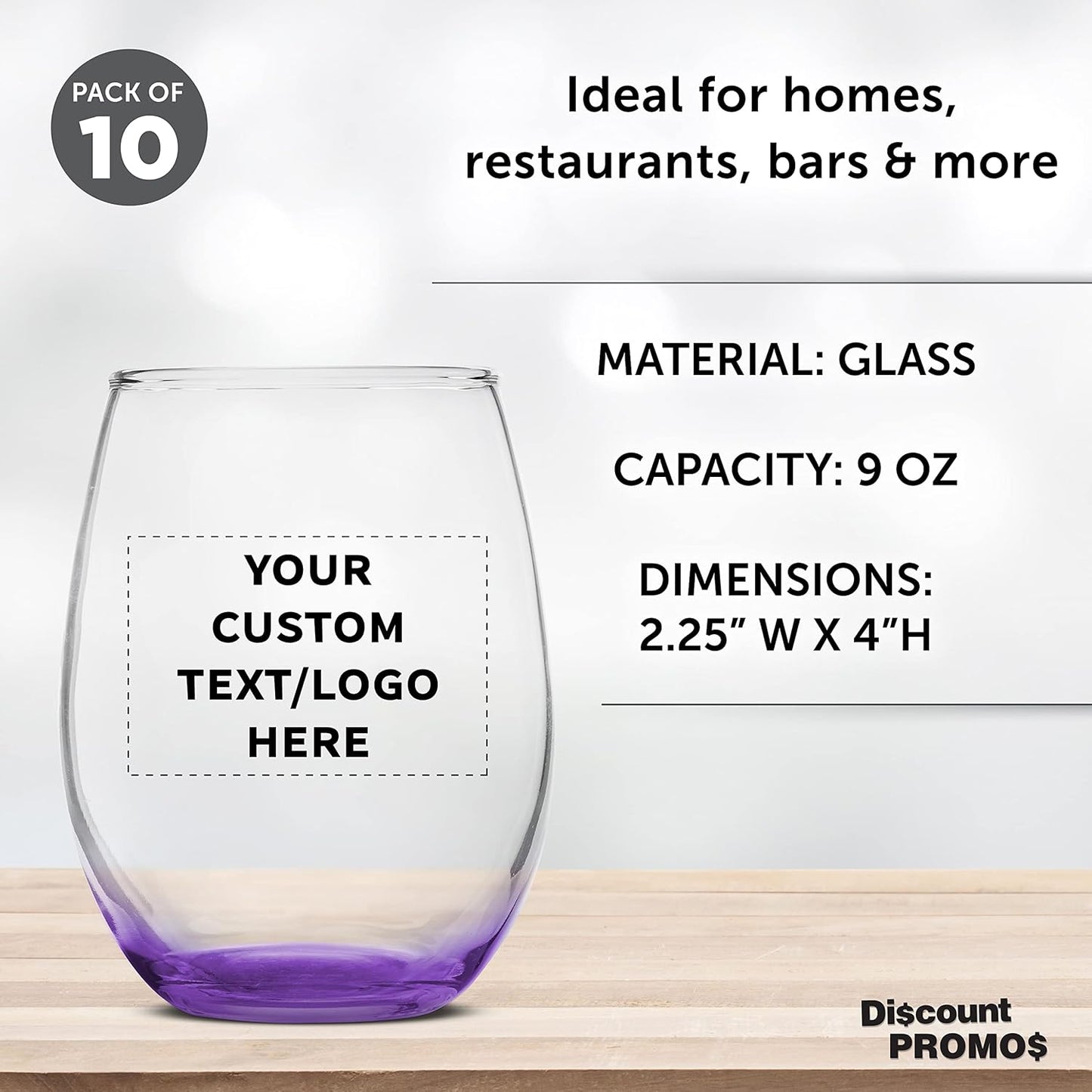 Custom Stemless Wine Glass 9 oz. Set of 10, Personalized Bulk Pack - Great for Wedding Favors, Bachelorette Party Decorations, Party Favors, Color Bottom - Purple