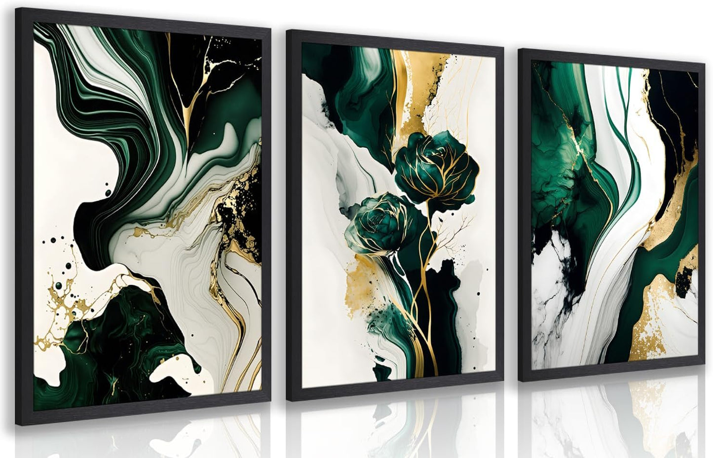 IAFWZX Wood Framed Green Gold Abstract Wall Art, Emerald Marble Textured Wall Decor, Contemporary Line Flower Canvas Paintings, Abstract Floral Poster Prints for Living Room Bedroom Office 12"x16"x3