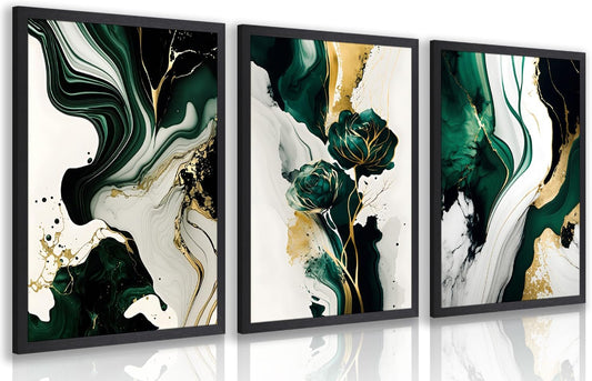 IAFWZX Wood Framed Green Gold Abstract Wall Art, Emerald Marble Textured Wall Decor, Contemporary Line Flower Canvas Paintings, Abstract Floral Poster Prints for Living Room Bedroom Office 16"x24"x3