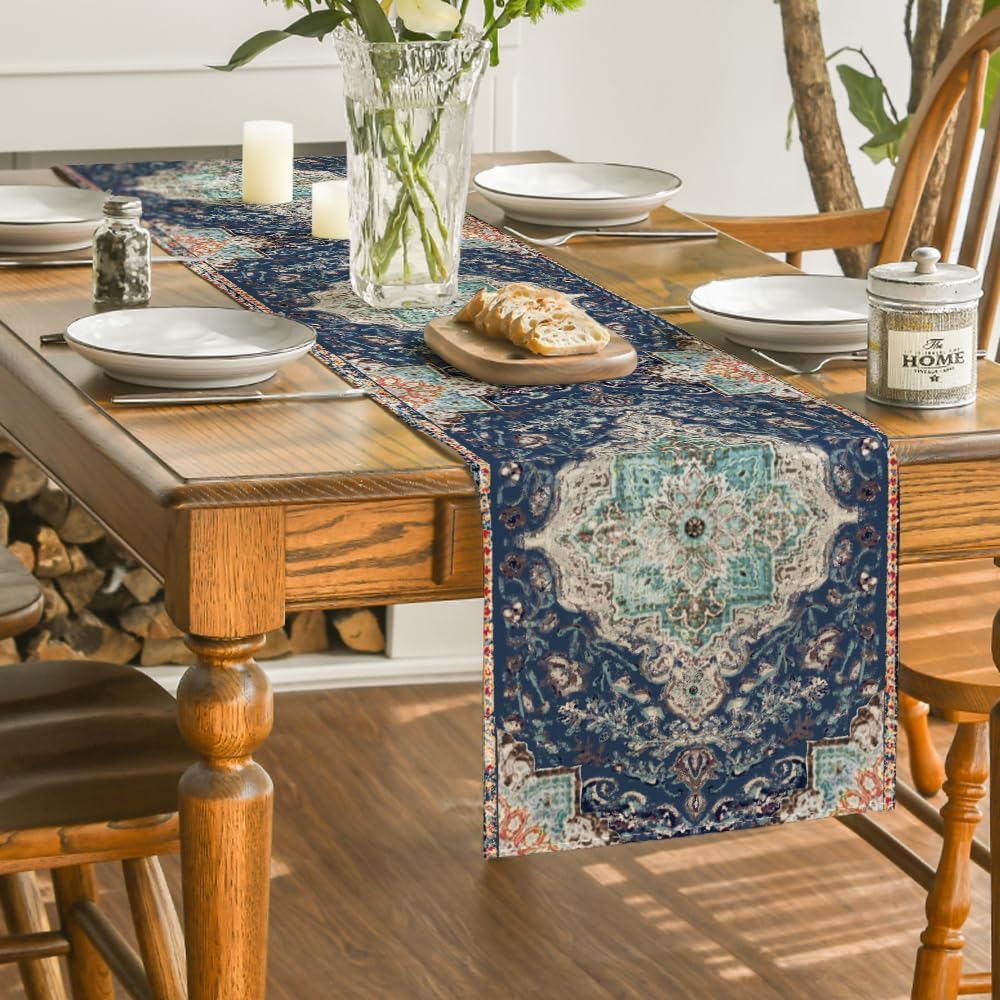 Artoid Mode Boho Bohemia Style Blue Table Runner, Country Rustic Farmhouse Magical Winter Kitchen Dining Table Decoration for Home Party Decor 13x72 Inch