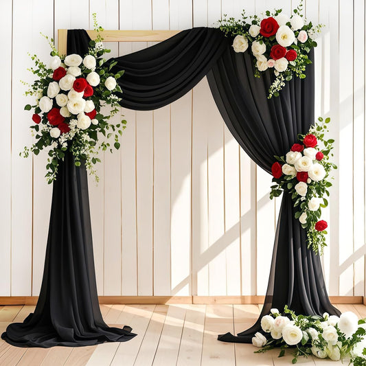 Wedding Arch Draping Fabric 2 Panels 30'' x 18FT Black Sheer Chiffon Arch Drapery for Photo Booth Bridal Shower Baby Shower Church Decor Newborn Photography Christening Outdoor Party