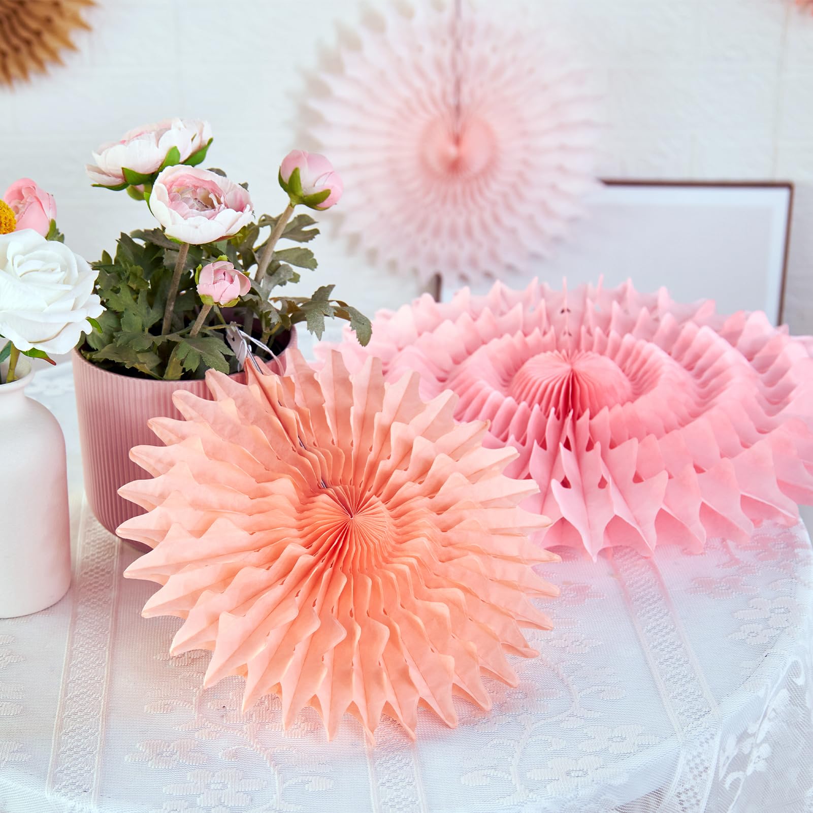 SUNBEAUTY 11Pcs Soft Pink Paper Fans Party Decorations for Wall, Reusable Large Spring Summer