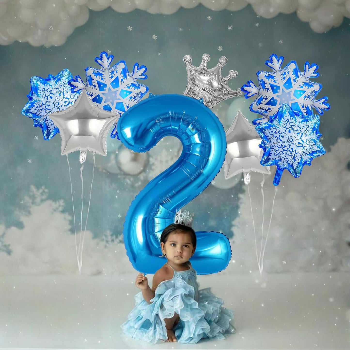 8Pcs Winter Wonderland Decorations - 40inch Blue Number 2 Balloons - Snowflake Mylar Balloons for Winter Wonderland Party Decorations - Birthday Decoration