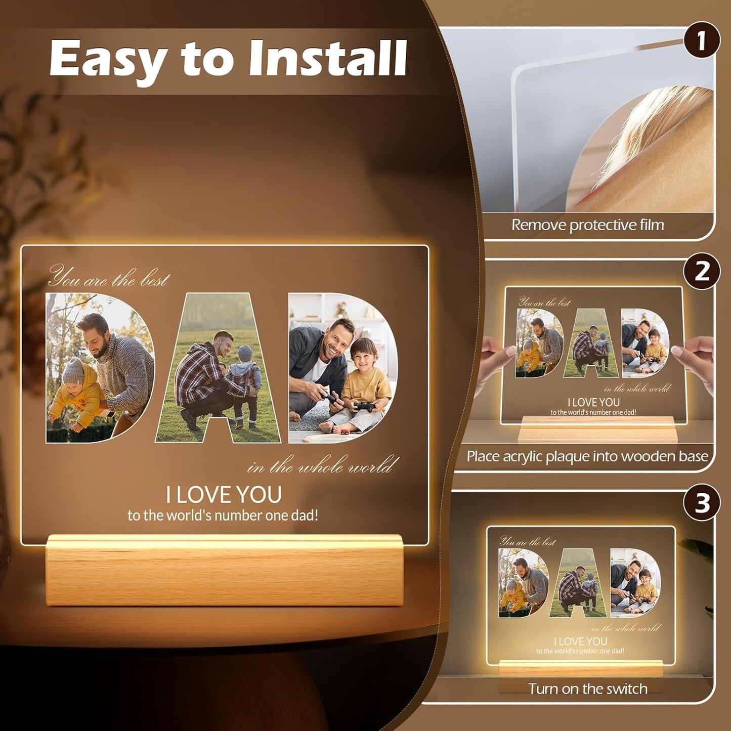 Personalized Gifts for Dad from Daughter & Son, Custom DAD Picture Frames with Photo, Customized Photo Frame with Night Light, Custom Birthday Gifts for Dad, Baby, Kids, Family