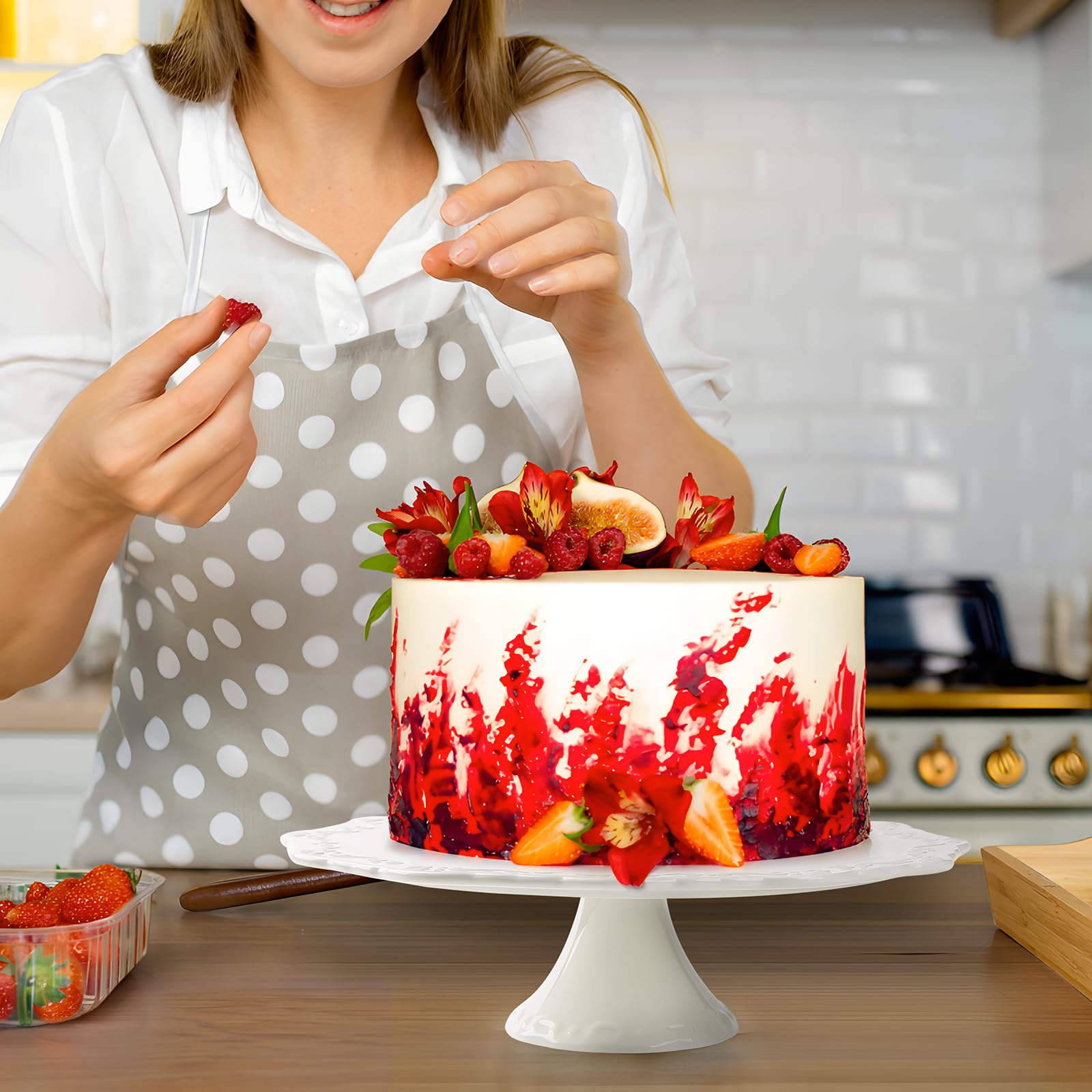 BPFY 10 Inch White Ceramic Cake Stand (Holds 10 Inch Cake), Decorative Cupcake Stand, Dessert