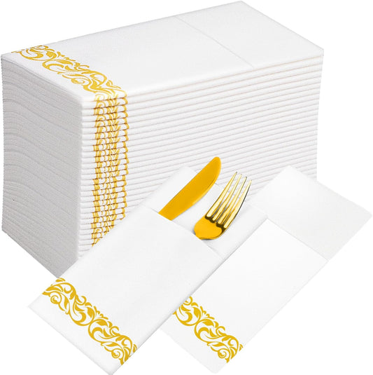 KAMMAK White Dinner Paper Napkins with Pocket Disposable 100 Pack Yellow Trim Linen Feel Wedding Reception Napkins Hand Paper Towels Folded Lunch Napkins for Party, Bathroom (16 x 16 inch)