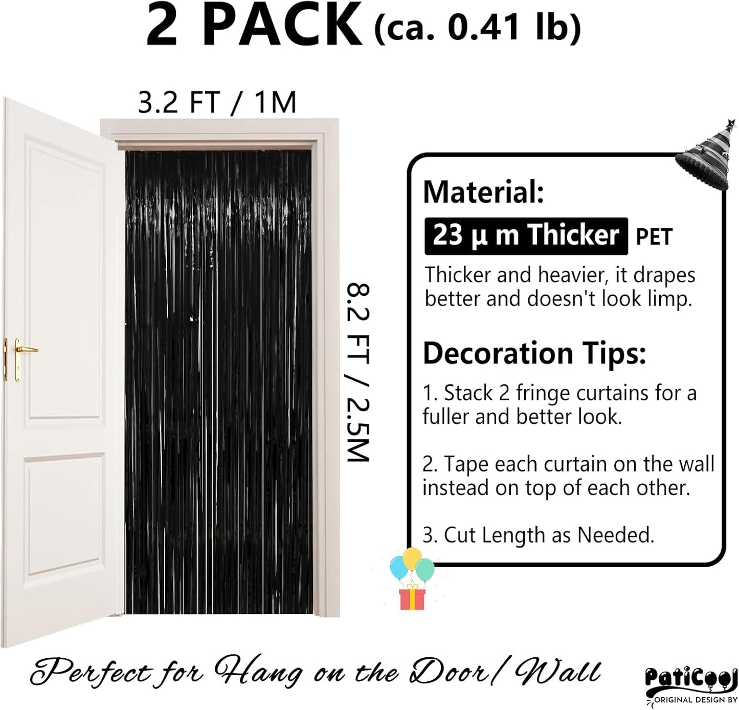 Black Streamers Party Decorations - Thicken 2 Pack 3.2 x 8.2 FT - Black Tinsel Foil Fringe Backdrop Curtains, Photo Booth Props for Birthday, Halloween, Retirement, Bachelor Party Decorations