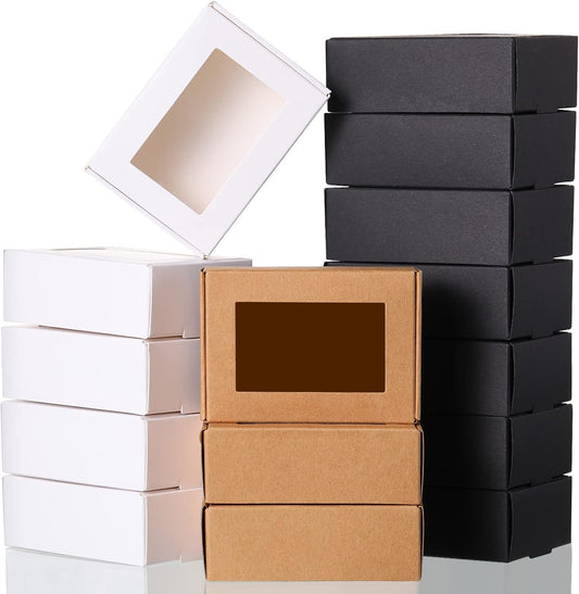 Zonon 30 Pcs Soap Boxes for Homemade Packaging, Mini Kraft Treat Boxes with Window for Bakery Candy Soap Making Gift Packaging(3.5 x 2.4 x 1.2 Inch,Black Brown White)
