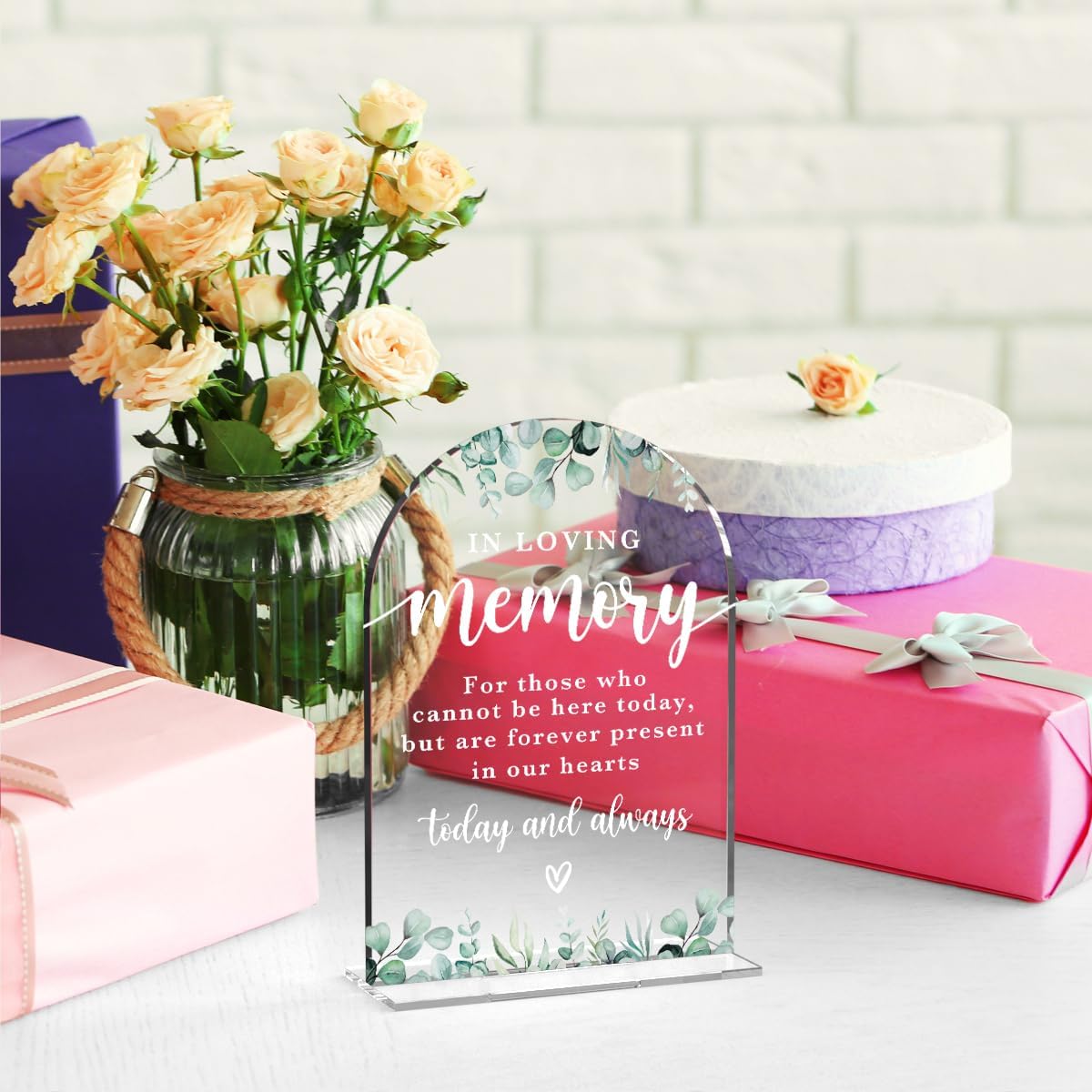 In Loving Memory Acrylic Wedding Sign Memory Table Sign Modern Calligraphy Arch Acrylic Table Top Signs for Wedding Reception and Event Party Decor (Eucalyptus Leaves)