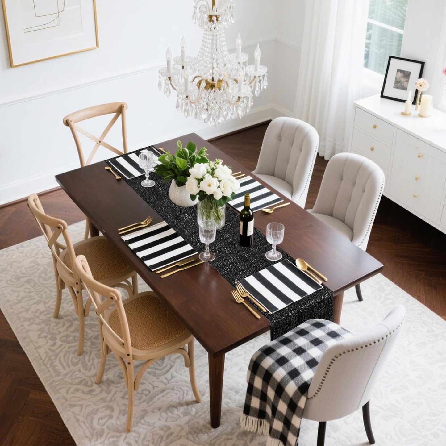 10 Packs 12 x 72 inches Sequin Table Runner, Black Glitter Table Runner for Birthday Party Supplies Wedding Engagement Baby Shower Holiday Celebration Event Decorations