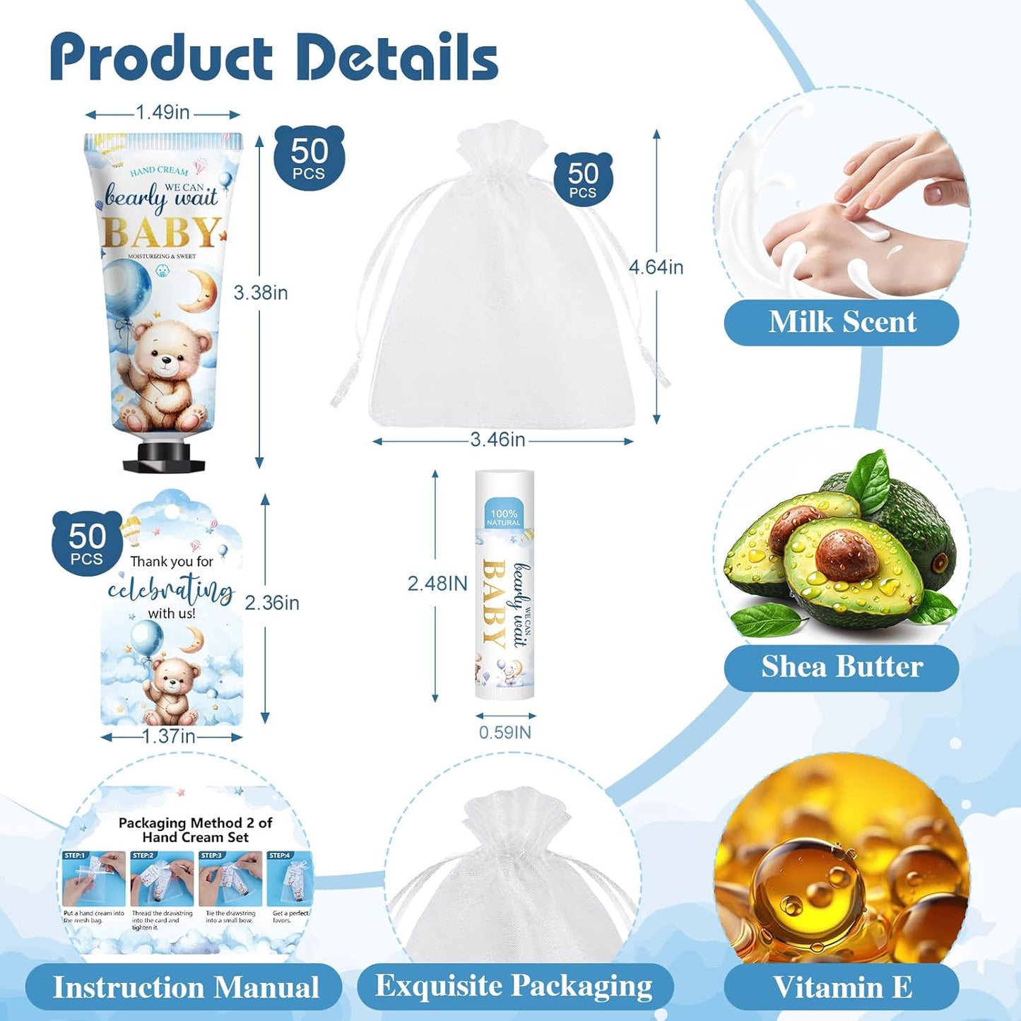 50 Pack Lip Balm and Hand Cream Bulk Gifts Sets, Baby Shower Party Favors and Bridal Shower Favors for Guests with Thank You Card and Organza Gift Bags, Thank You Gifts Bulk, Baby Shower Prizes (Bear)