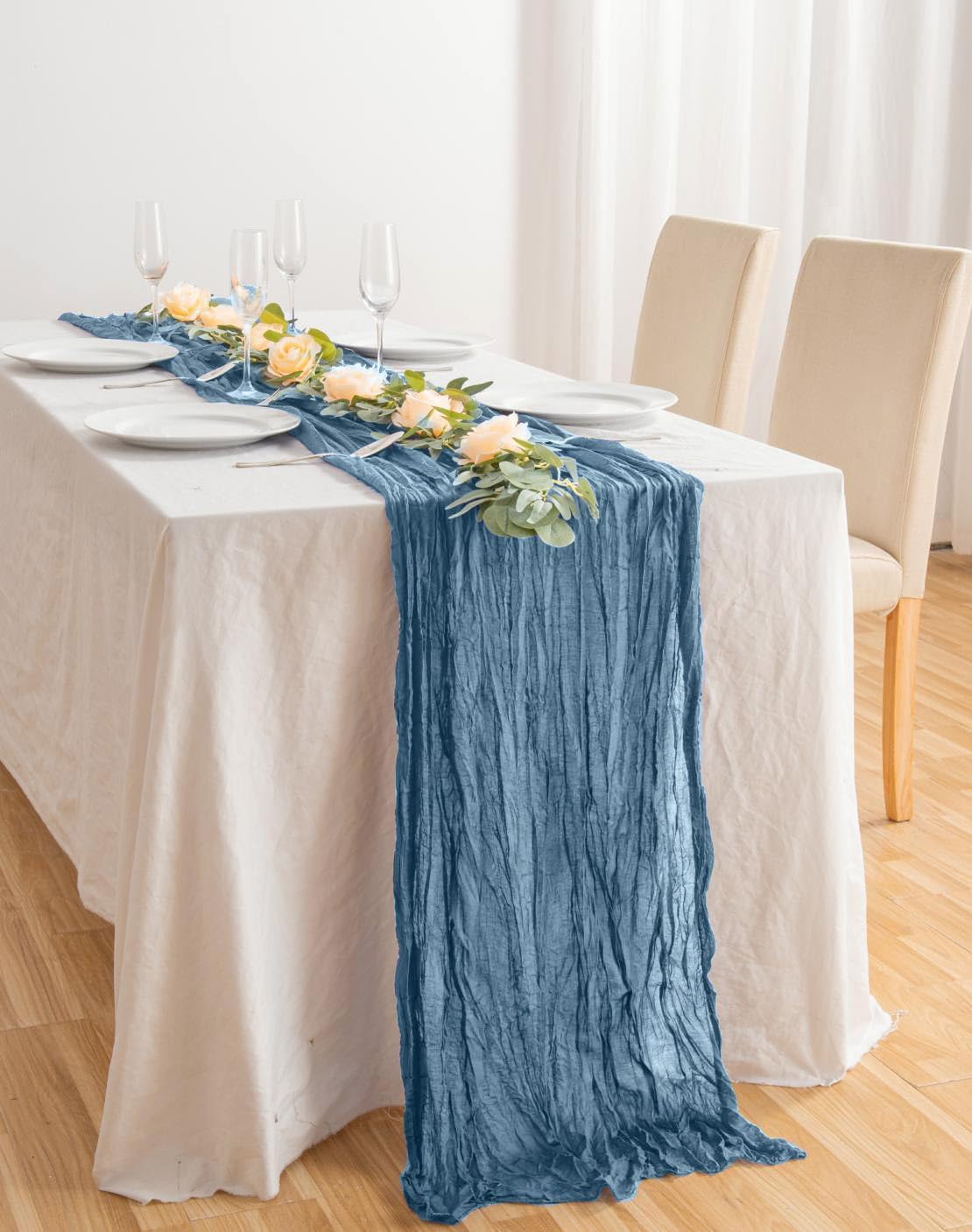 8 Pack 10Ft Dusty Blue Cheesecloth Table Runner 35x120 inch Boho Gauze Cheese Cloths Table Runners Long Wrinkled Sheer Romantic Table Runner for Wedding Bridal Shower Birthday Party Table Decor