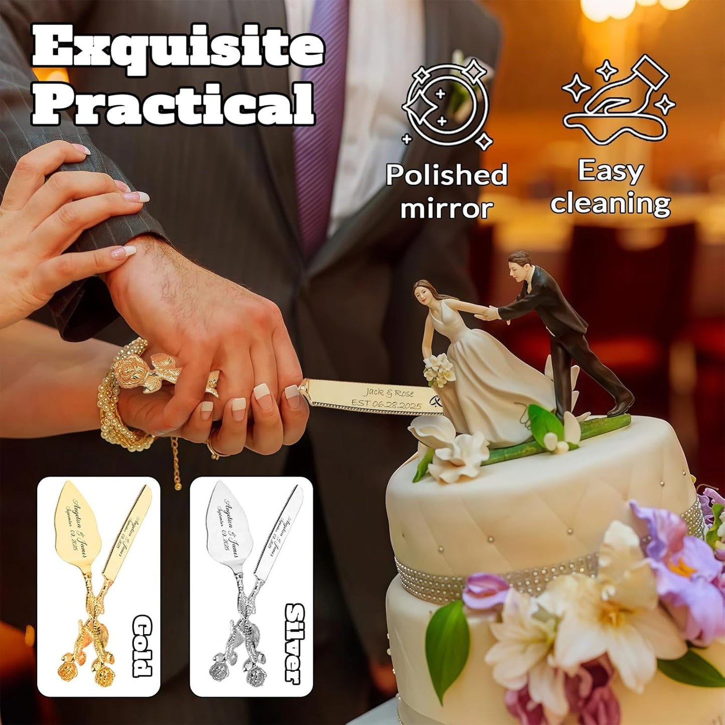 Personalized Wedding Cake Knife and Server Set, Custom Name/Date Cake Cutting Set for Wedding, Customized Cake Cutter for Bridal Anniversary Birthday Couple Gifts (Rose-Gold)