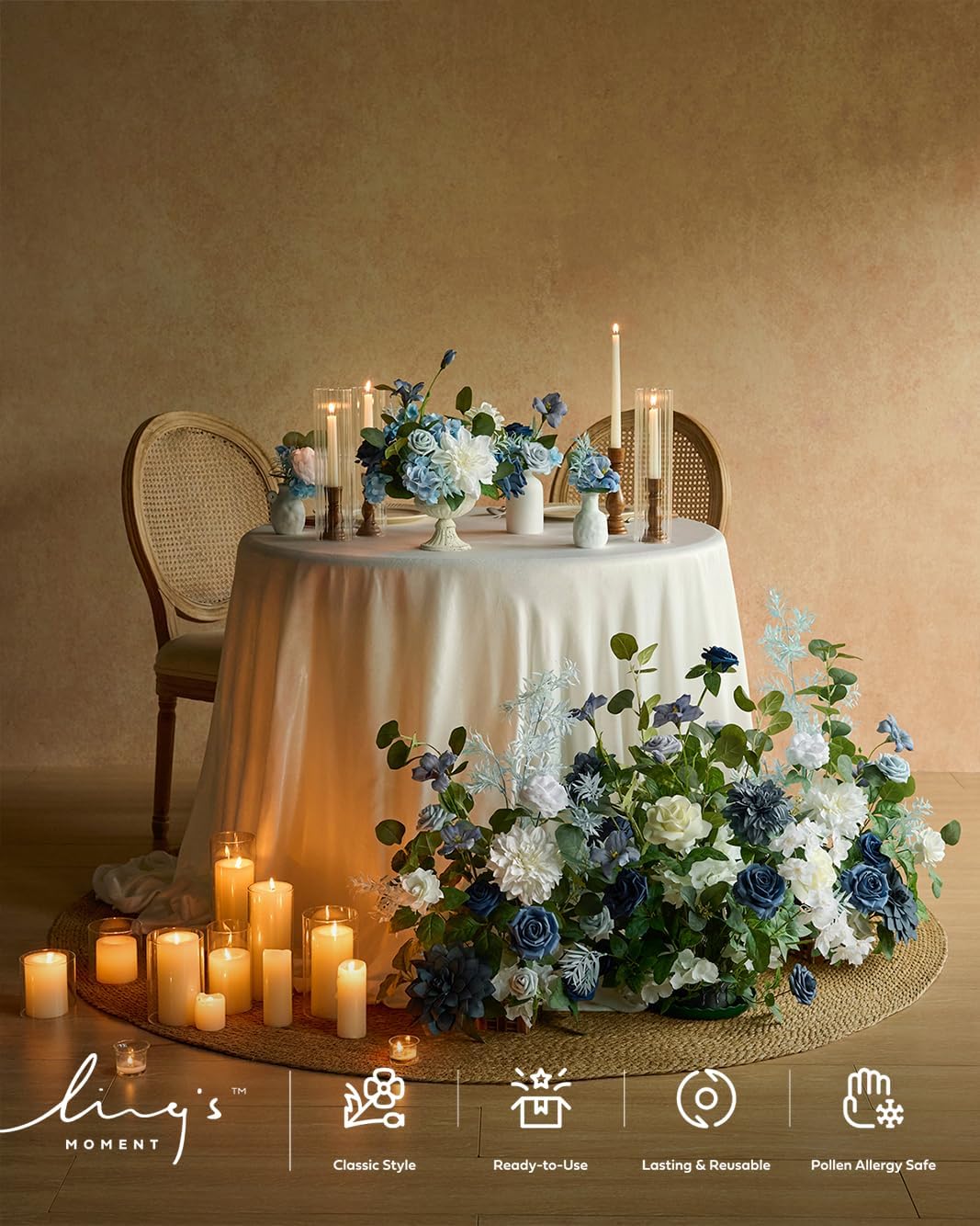 Ling's Moment 17.5" Tall Standing Artificial Flowers Arrangements 4 pcs Wedding Aisle Runner Chair Decorations Dusty Blue Navy Centerpieces for Ceremony Reception Rose Floral Party Outdoor