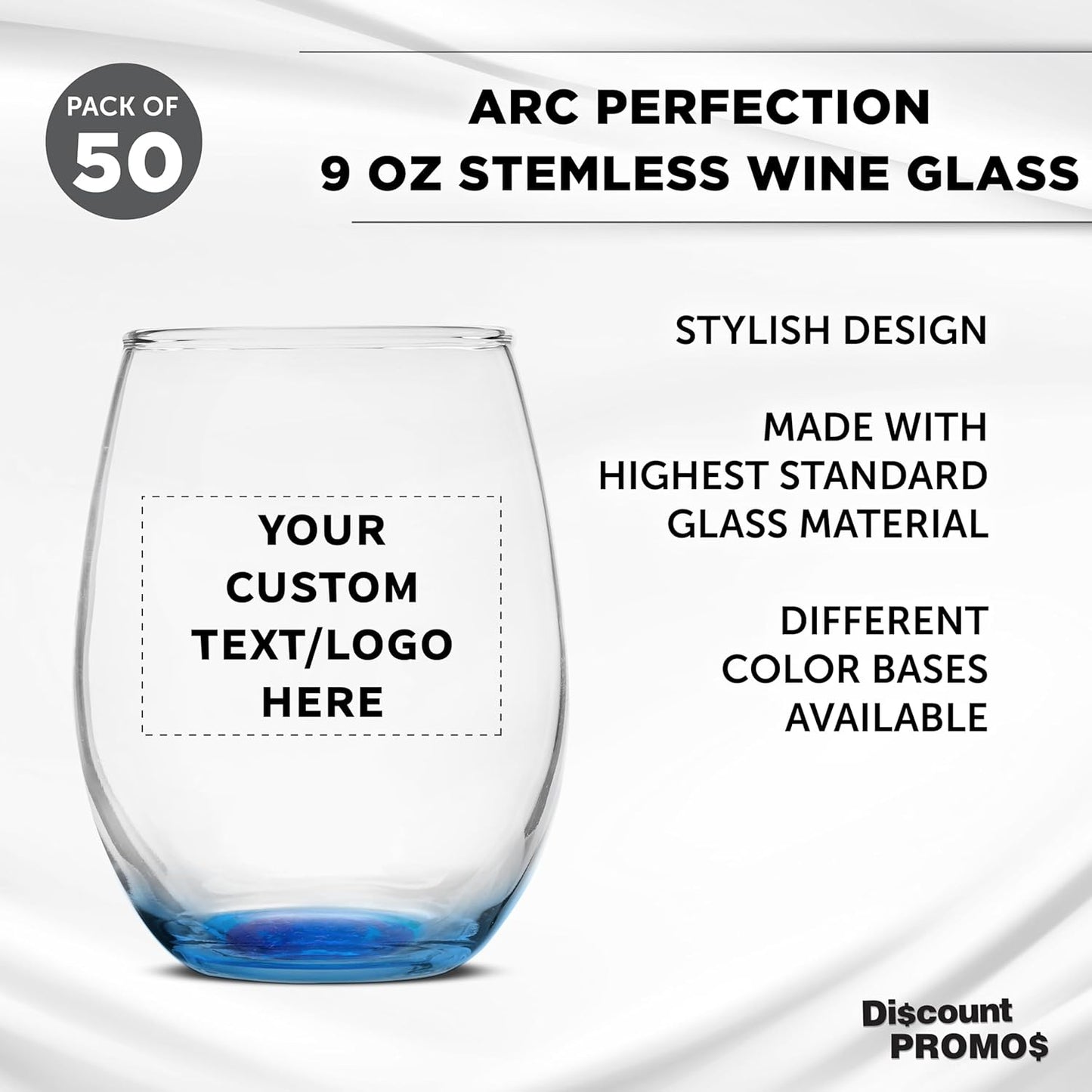 Custom Stemless Wine Glass 9 oz. Set of 50, Personalized Bulk Pack - Great for Wedding Favors, Bachelorette Party Decorations, Party Favors, Color Bottom - Blue