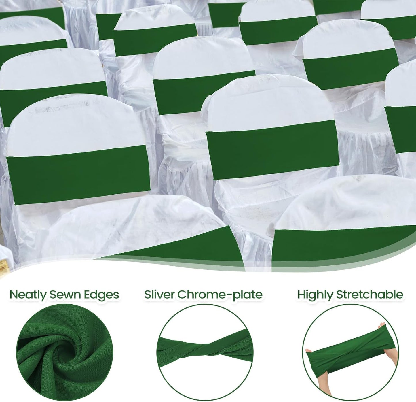 Kinlop 50 Pcs Spandex Chair Sashes Bows Chair Bands Slider Sashes for Covers Elastic Bands Ties Without Buckle Decorations for Wedding Party Events Ceremony Birthday(Green)