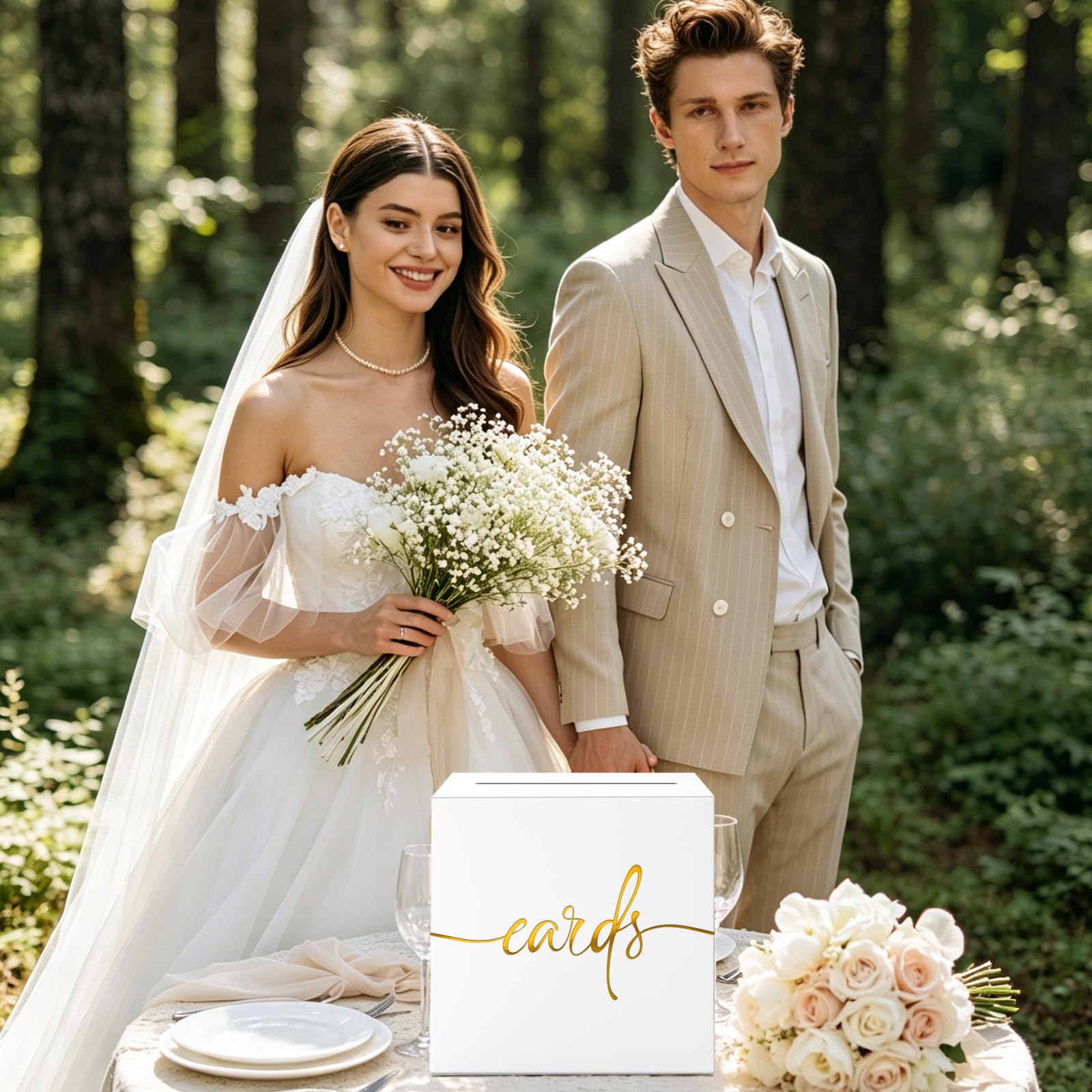 CINSOEN White Wedding Card Box with Gold Foil Design, Paperboard 8.7" Gift Card Holder for