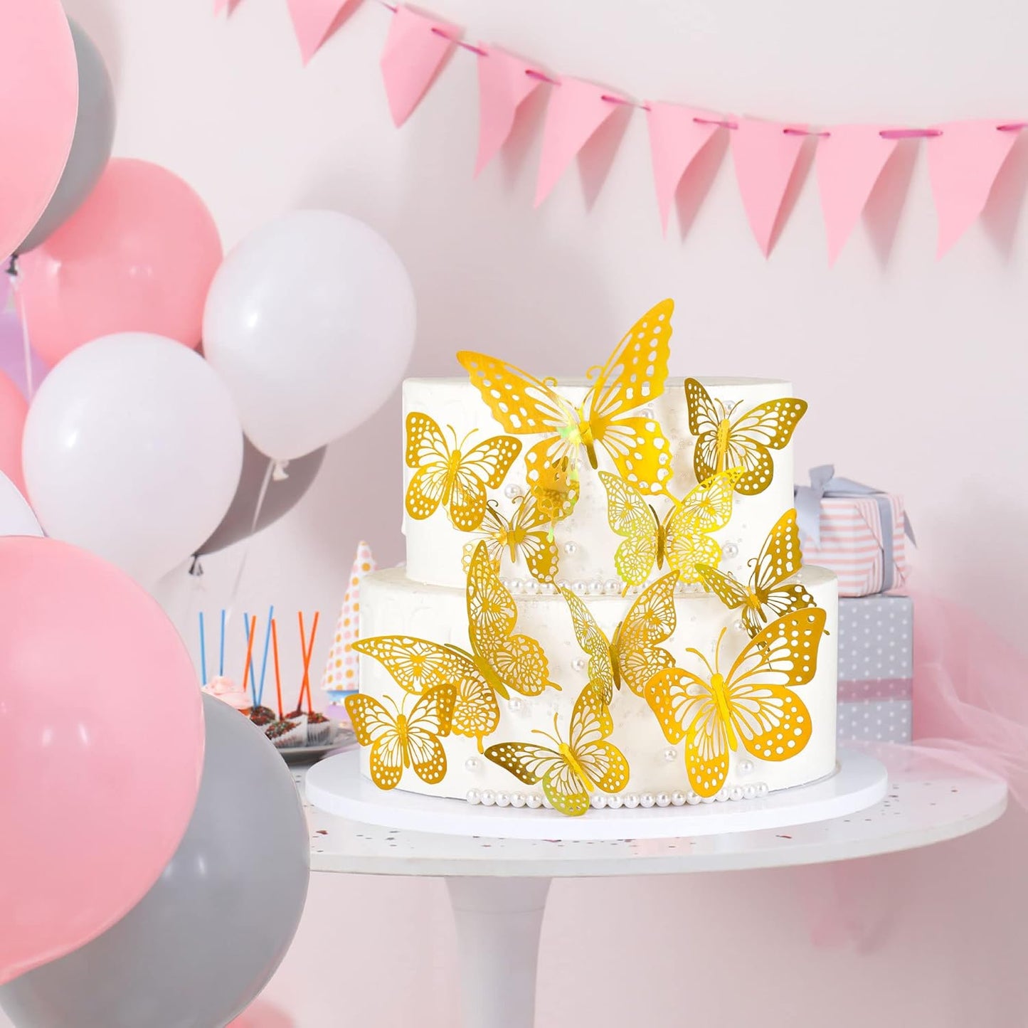 Gyufise Laser Gold Butterfly Cupcake Toppers Hollow Art 3D Butterfly Cupcake Decorations Baby Shower Wedding Anniversary Kids Birthday Party Cake Wall Decorations Supplies 36Pcs