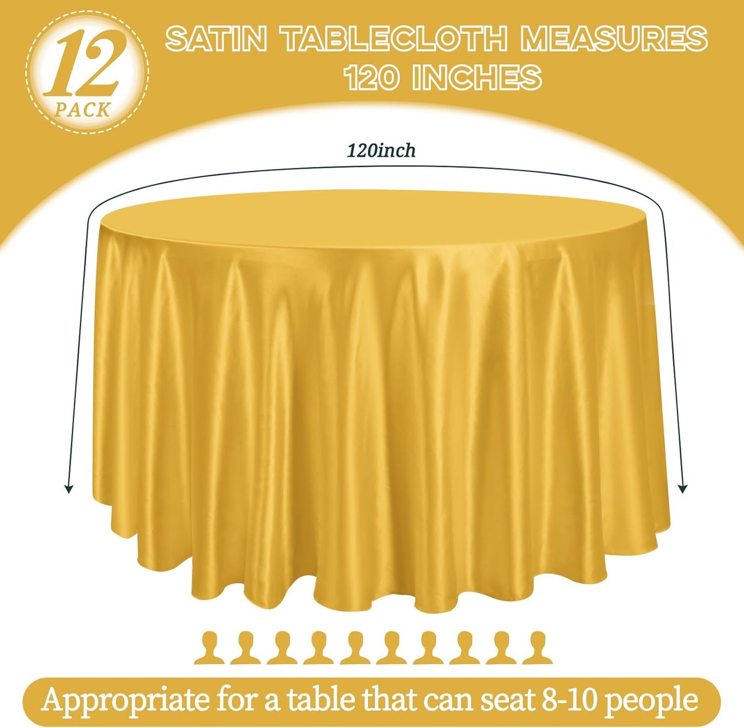 12 Pack 120 Inch Gold Satin Tablecloth - Premium Bright Silky Round Tablecloth Overlay Smooth Fabric Table Cover, Table Decoration for Wedding Party Banquet Events Restaurant Kitchen Dining