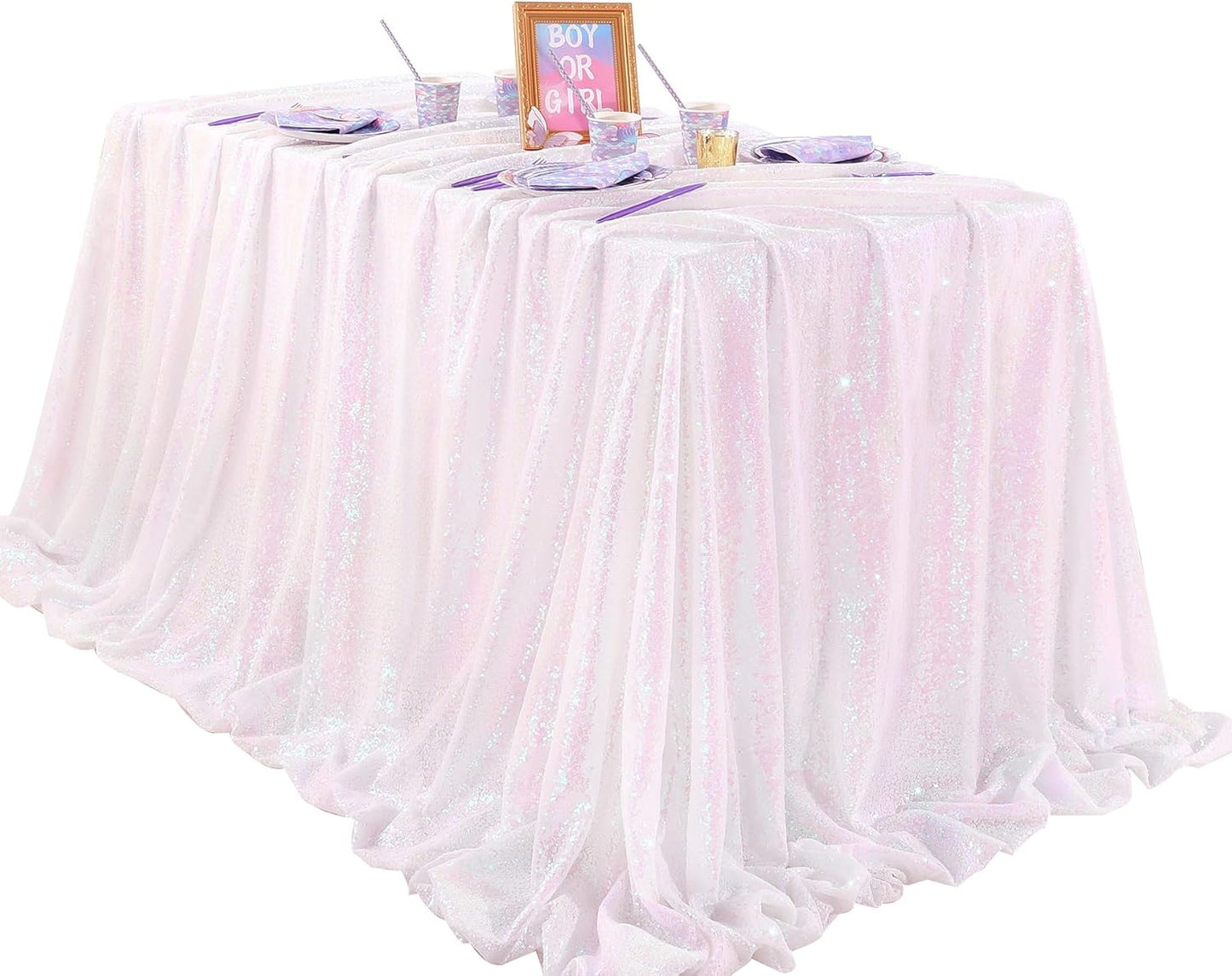 QueenDream Party Tablecloth Rectangular 90 x 132 Inch White Iridescent Tablecloth Table Cloth Overlay for Birthday Bridal Shower Wedding Decorations