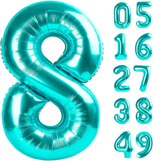 Teal Blue Foil Number 8 Balloon 40 Inch, Helium Mylar Eight Number 8 18 28 38 48 58 80 88 Birthday Balloons, 8th Teal Blue Women Men Wedding Anniversary, Graduations Party Supplies