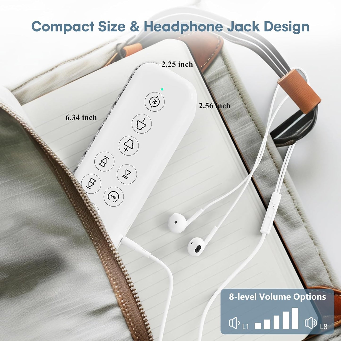 White Noise Sound Machine with Bluetooth,3000mAh Battery Powered,40H Long Lasting,Hi-Fi Audio,30/60/120m Timer,Wireless Portable Sleep Sound Machine for Adults/Baby,Type-C Rechargeable,Headphone Jack