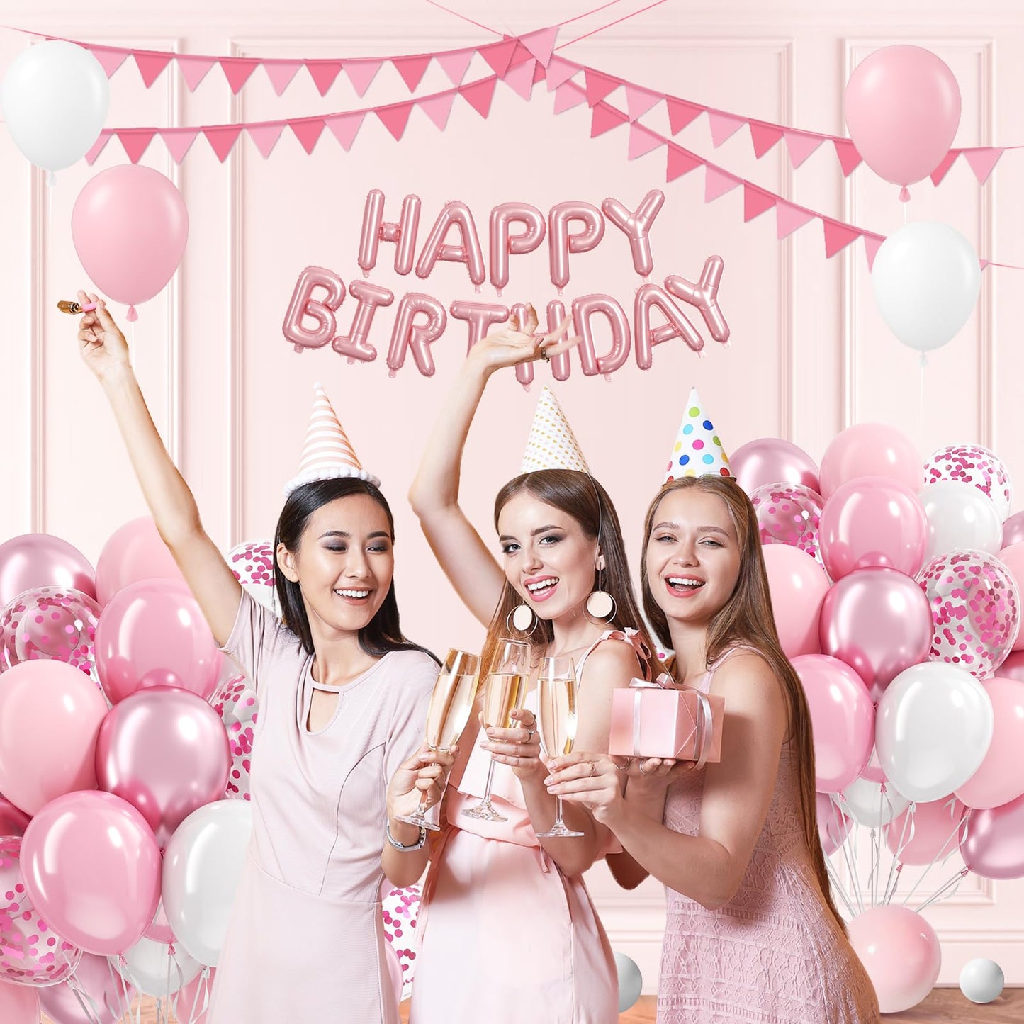 12inch Light Pink and White Balloons with Pearl Baby Pink Confetti Balloons
