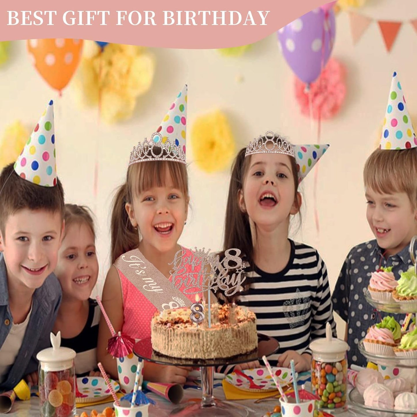 8th Birthday Decorations for Girl Including Sash, Crown, Numeral Candle and Cake Topper, 8 Year Old Girls Party Favor Supplies