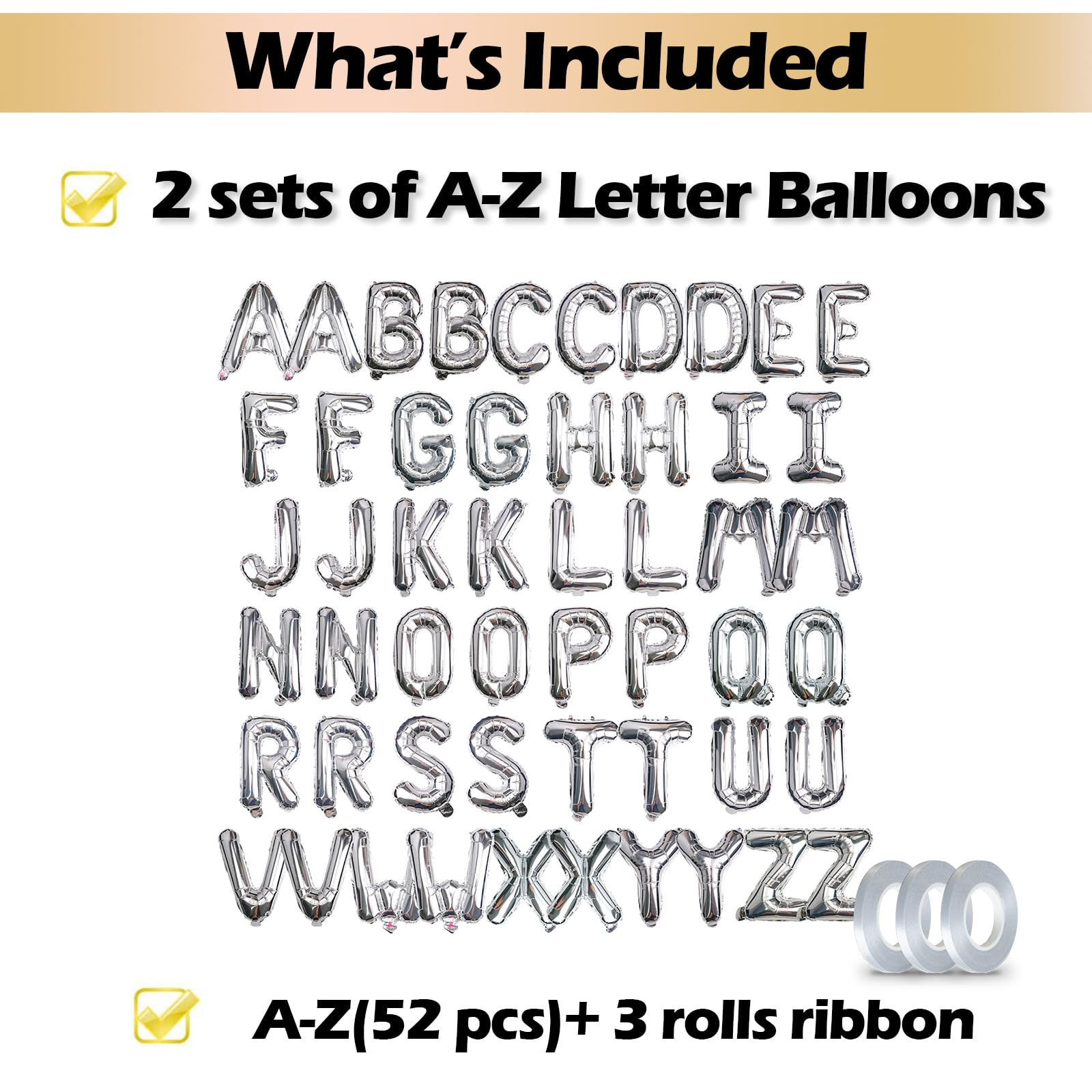 16 Inch 52Pcs Silver Letter Balloons Shiny A-Z Foil Balloon Letters