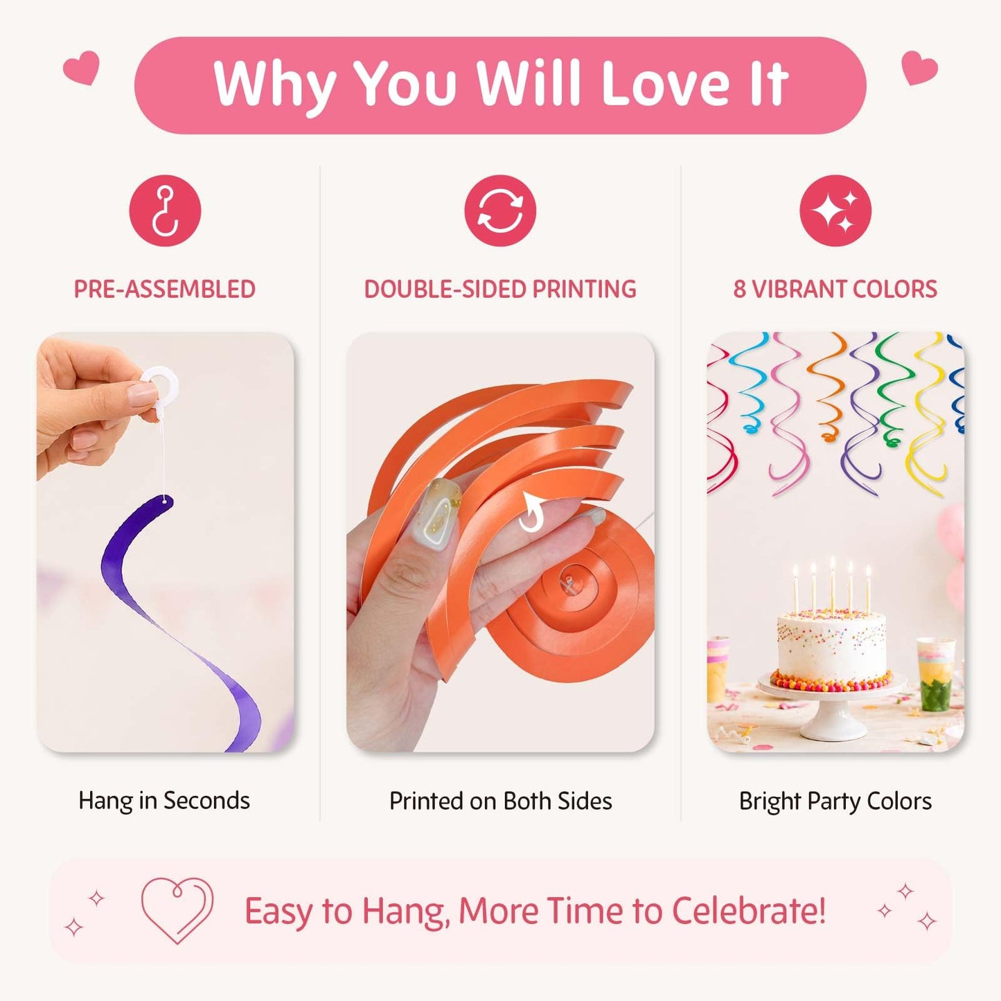 HonuGoGo 48‑Piece Multi-Color Paper Swirl Decorations – Hanging Party Swirls for Birthday, Baby
