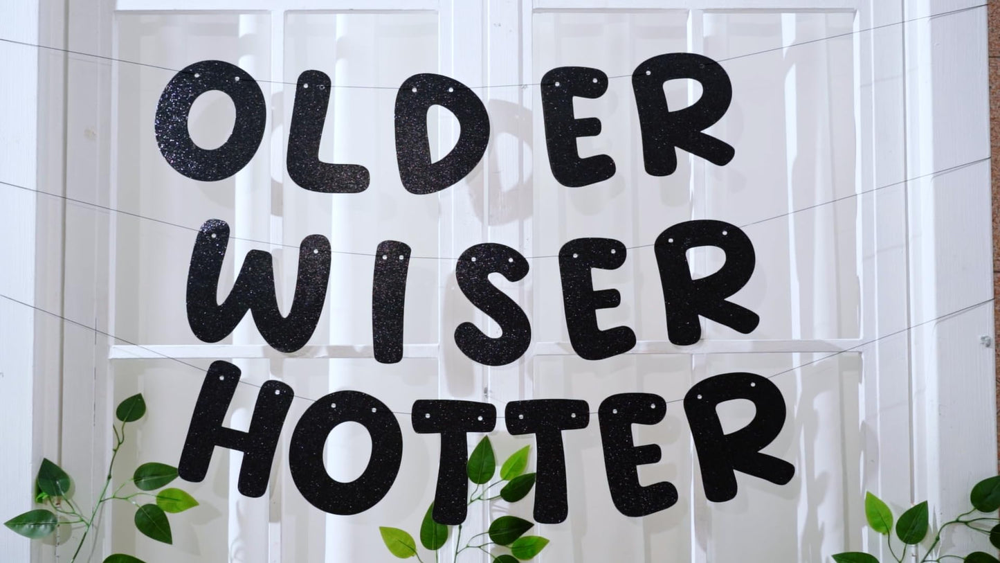 Fulmoon Set of 3 Pre Strung Older Wiser Hotter Glitter Banner Funny Birthday Banner for Women 30th
