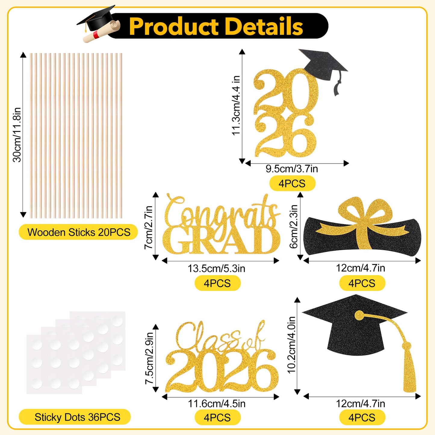 Cyunda Graduation Decorations 2026, 20 PCS Sparkling Black and Gold Double-Sided Centerpiece Sticks