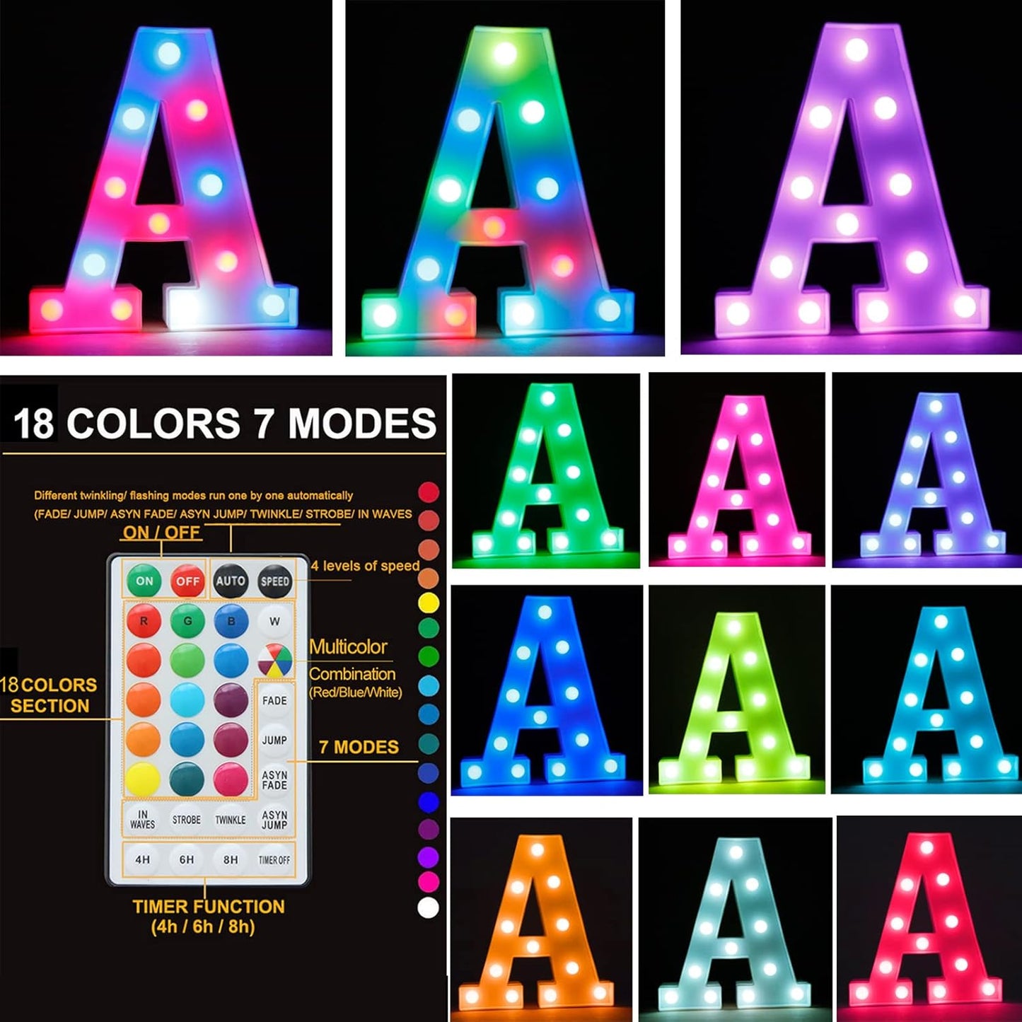 Light Up Colorful LED Marquee Letter lights, 18 Colors Changing Alphabet Letters Sign with Remote Timer for Night Light Girls Bedroom Wedding Birthday Party Lamp Christmas Home Bar Decor- Colorful V