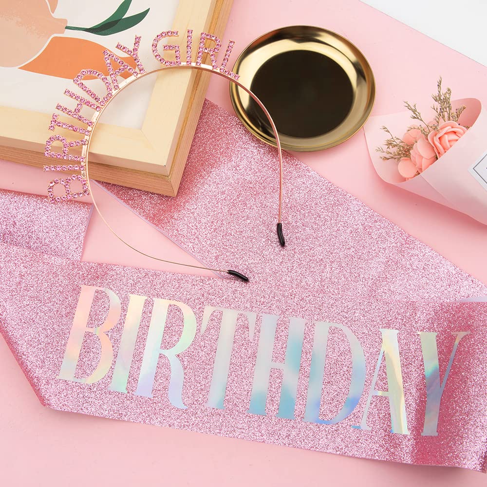 PQRUU Glitter Birthday Sash, Tiara and Rhinestone Headband Set - Pink Birthday Accessories for Her