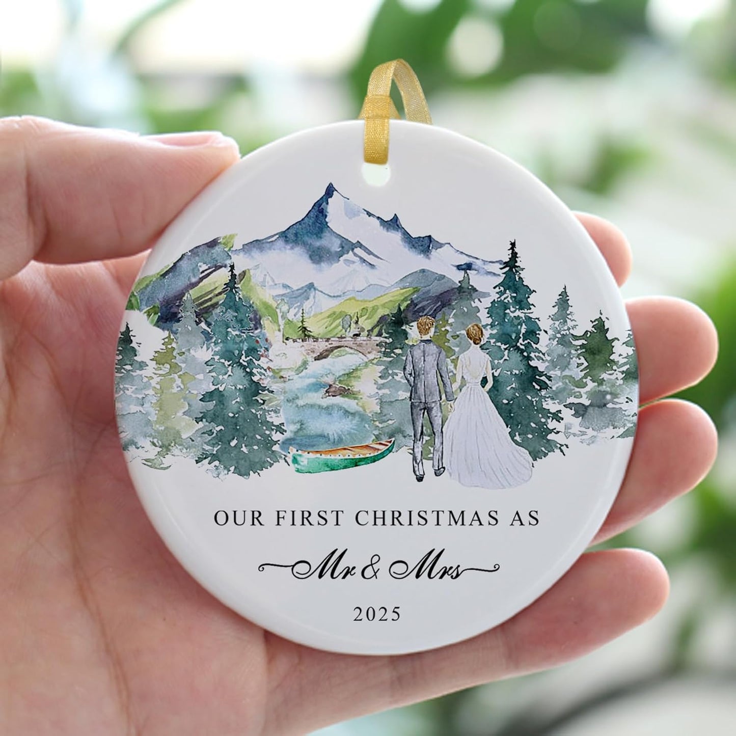 Our First Christmas Ornament Gift 2025,Just Married Ceramic Ornaments as Mr and Mrs,First Year Christmas Hanging for Couples,Newlywed Xmas Wedding Decoration with Gift Box and Card (2.9")