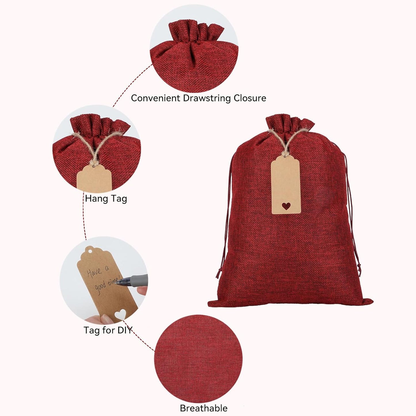 Tapleap Burlap Bags with Drawstring - 10Pcs 10x14 Red Gift Sacks for Wrapping Halloween Favors, Seeds, Root Ball, For Birthday, Wedding, Rustic Themed Party or Household Use