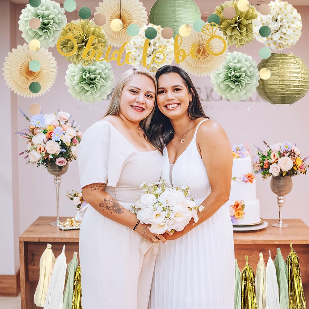 Bridal Shower Decorations Sage Green and Gold Bachelorette Party Decorations Bride to Be Banner Gold Sage Green Paper Pom Poms Lanterns Fans Beige Kit with Beige White Tassel Garland for Wedding