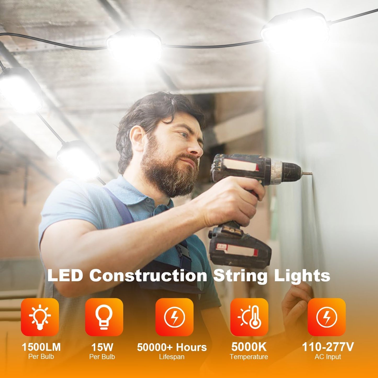 50FT LED Construction String Lights, 75W Super Bright 7500LM Plug in Linkable String Work Lights, 5000K Waterproof IP67 Temporary Lighting for Construction Sites, Jobsites, Indoor & Outdoo