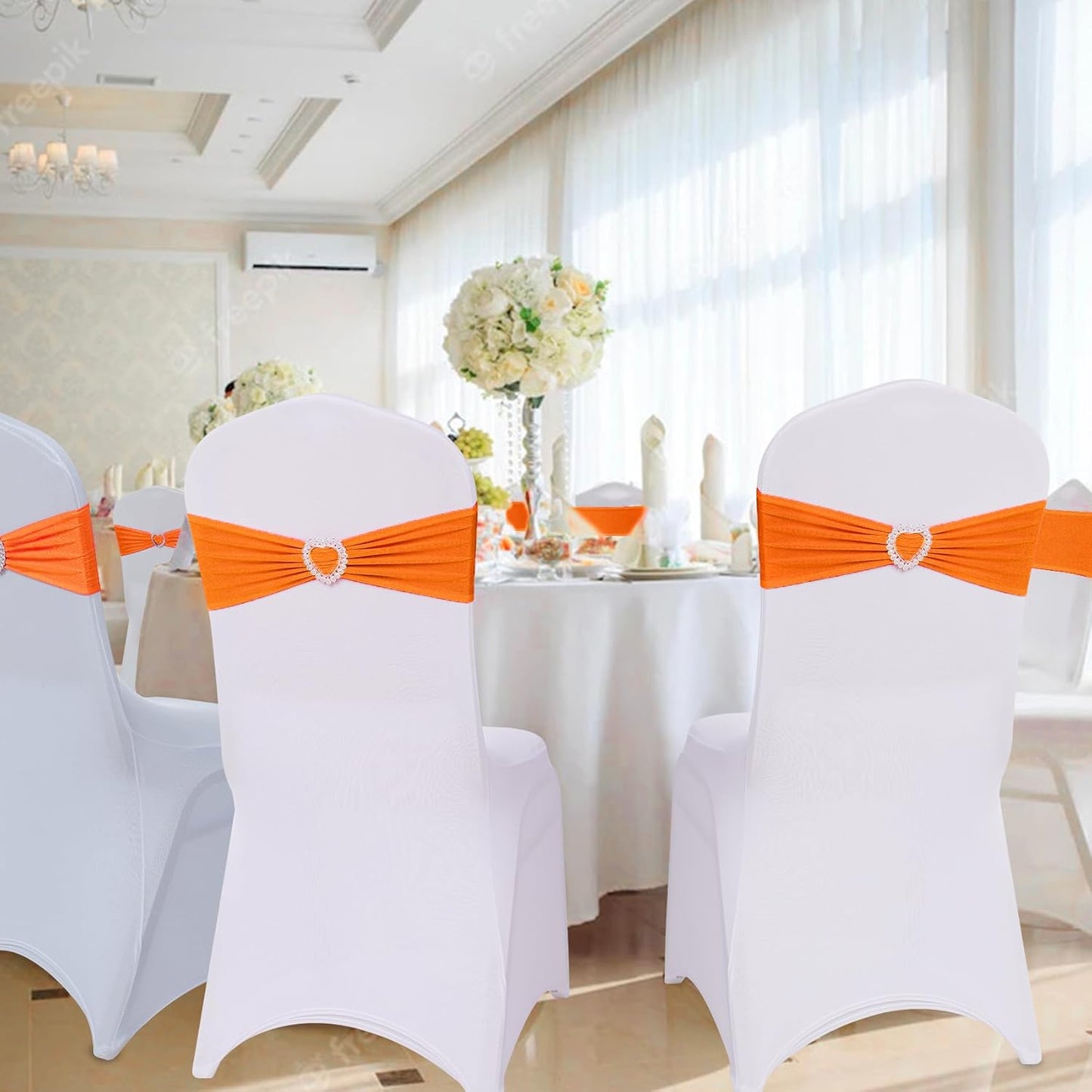 Howhic Pack of 30 Spandex Chair Sashes Bows Stretch Chair Cover Band with Buckle Slider Universal Elastic Chair Ties for Wedding Banquet Party Event Decoration (Orange)