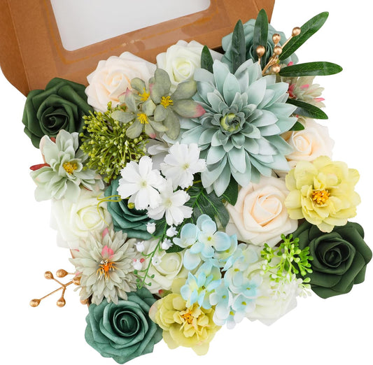 Floweroyal Artificial Flowers Combo Green Flowers Mix Silk Flowers Dahlia Roses with Stems for DIY Wedding Bridal Bouquets, Baby Shower, Floral Arrangement, Table Centerpieces, Home Decorations.
