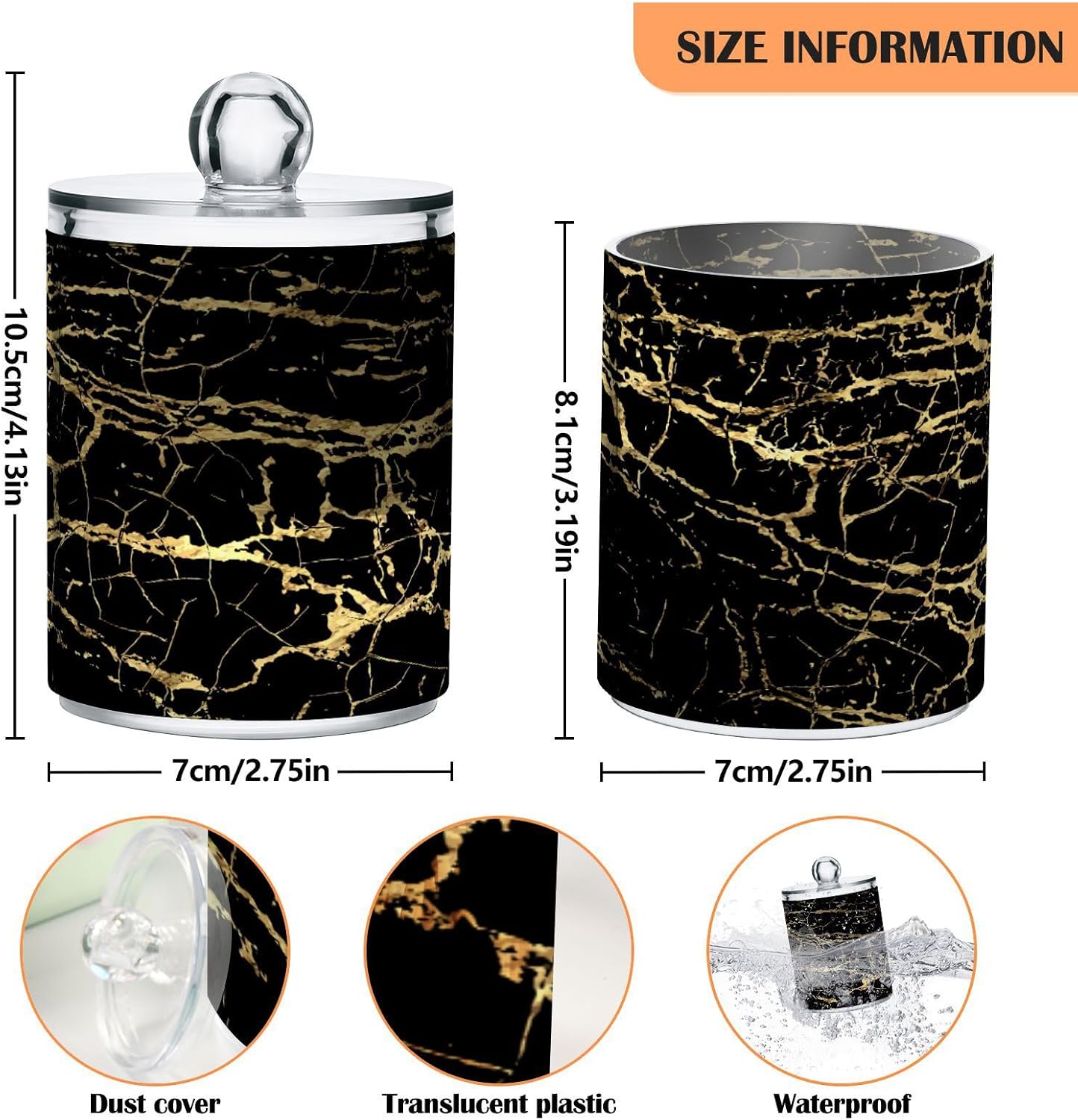 Qtip Holder Dispenser 2 Pack Gold Black Marbling Bathroom Decorative Storage Canister Holder Counter Vanity Organizer for Cotton Ball Swabs Pads Floss