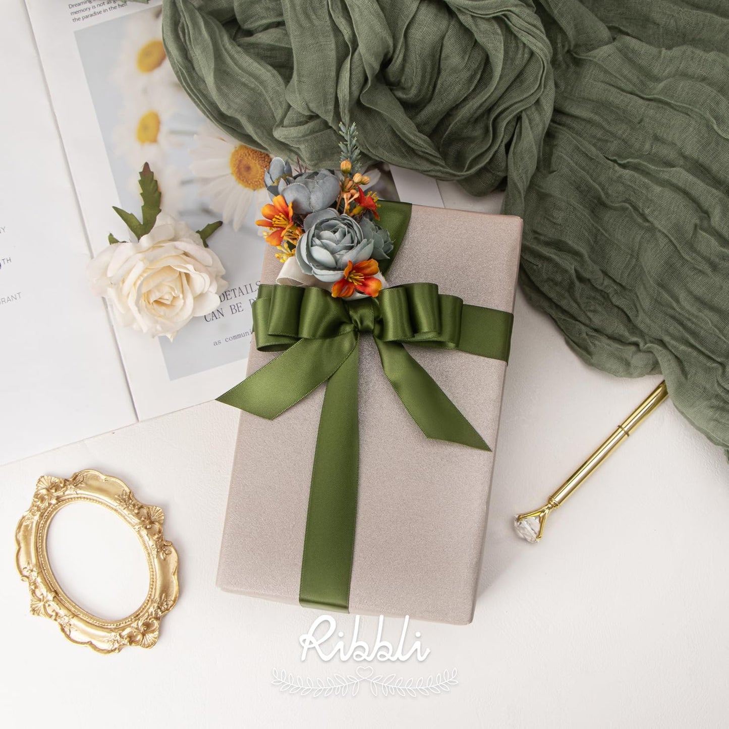 Ribbli Moss Green Satin Ribbon,Double Faced Satin 1 inch x Continuous 25 Yards,Use for Bows Bouquet,Gift Wrapping,Wedding Decoration,Floral Arrangement