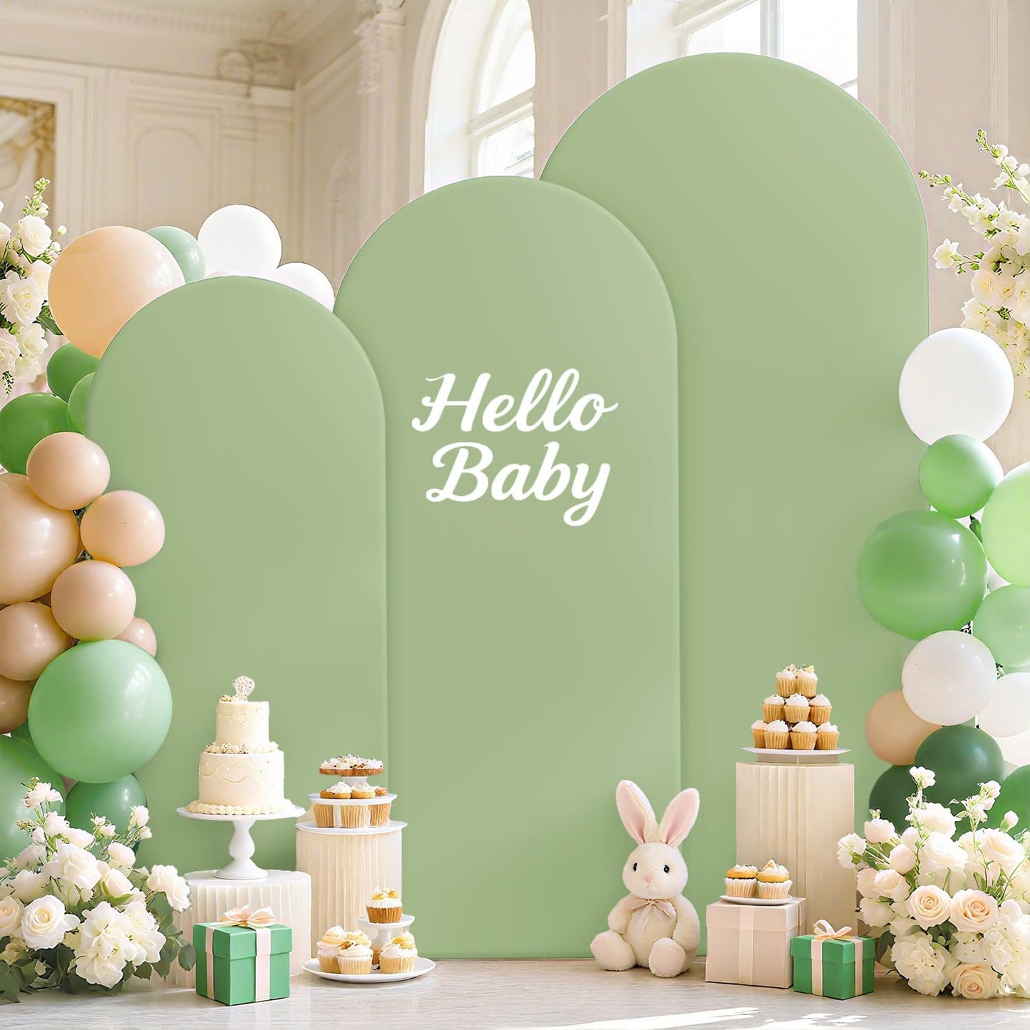FOTSHARER Arch Backdrop Stand and Cover Set 4FT 5FT 6FT Balloon Arch Stand and Sage Green Arch Cover Set of 3 Gold Wedding Arch Frame for Birthday Party Bridal Shower Ceremony Decorations