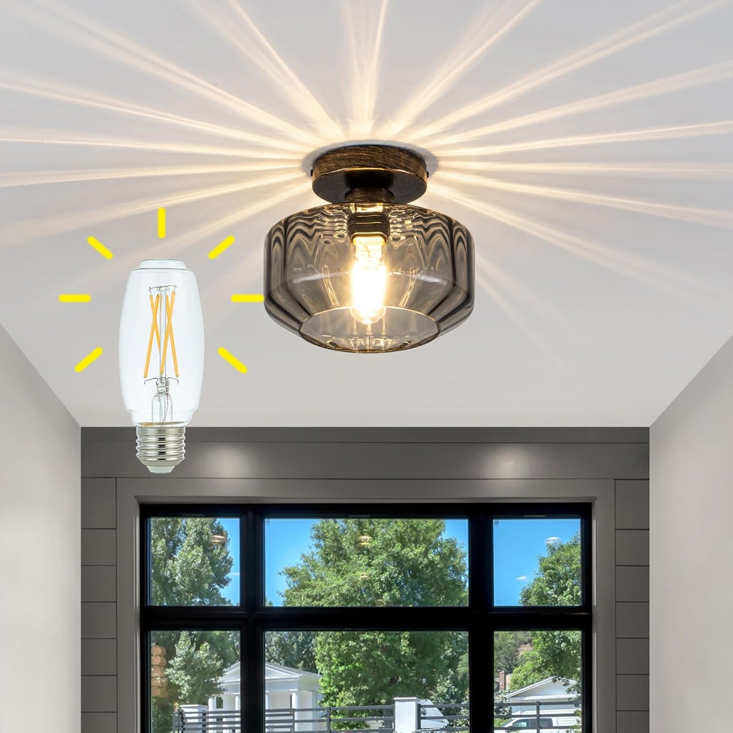 Smoked Glass Flush Mount Ceiling Light with 1200LM LED - Black Champagne Gold 8.66" Damp Rated Fixture for Bathroom Kitchen Hallway Modern Lighting