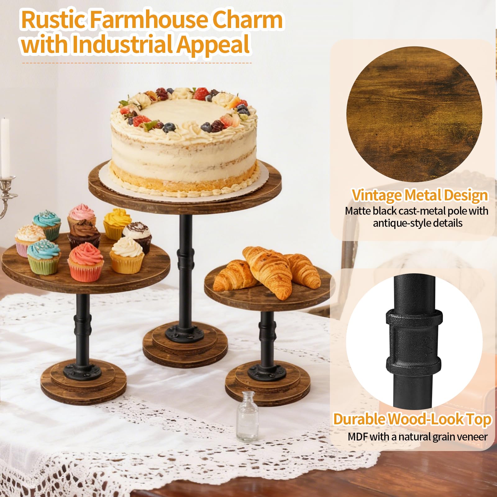 LLAXERGU Cake Stand Set of 3, Rustic Industrial Wood Round Cupcake Stands